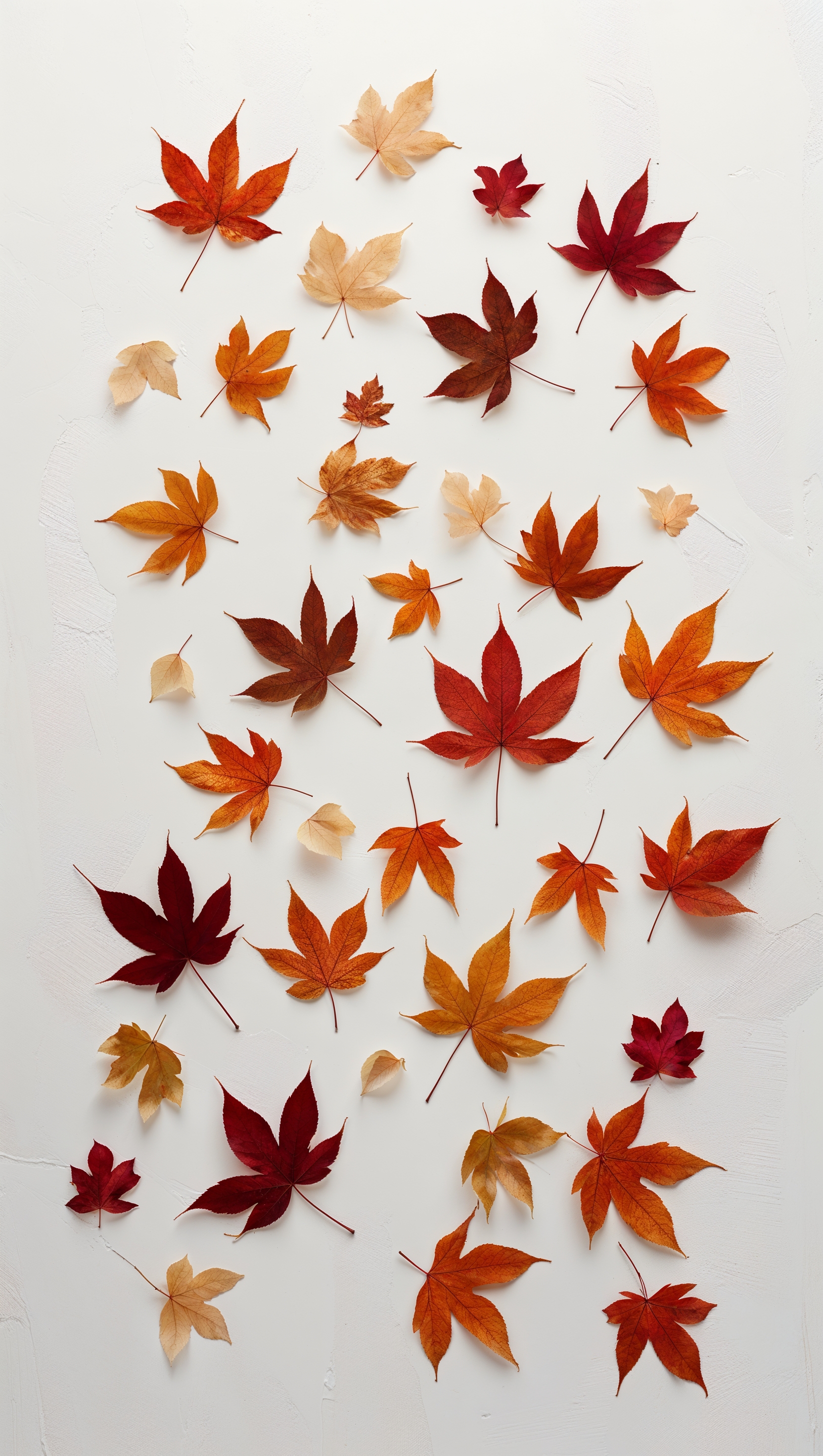 Minimalist autumn leaves scattered on a white background, clean and modern