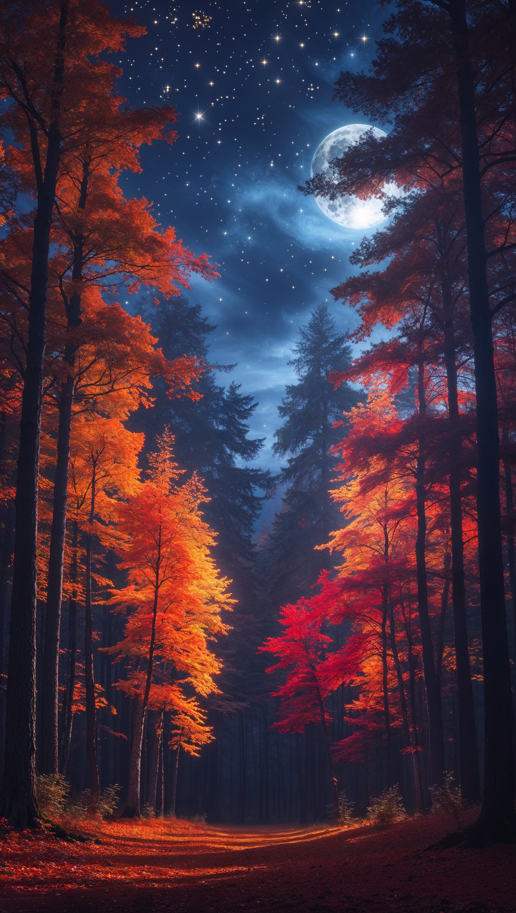 Autumn night scene with glowing stars above a forest of red-orange trees