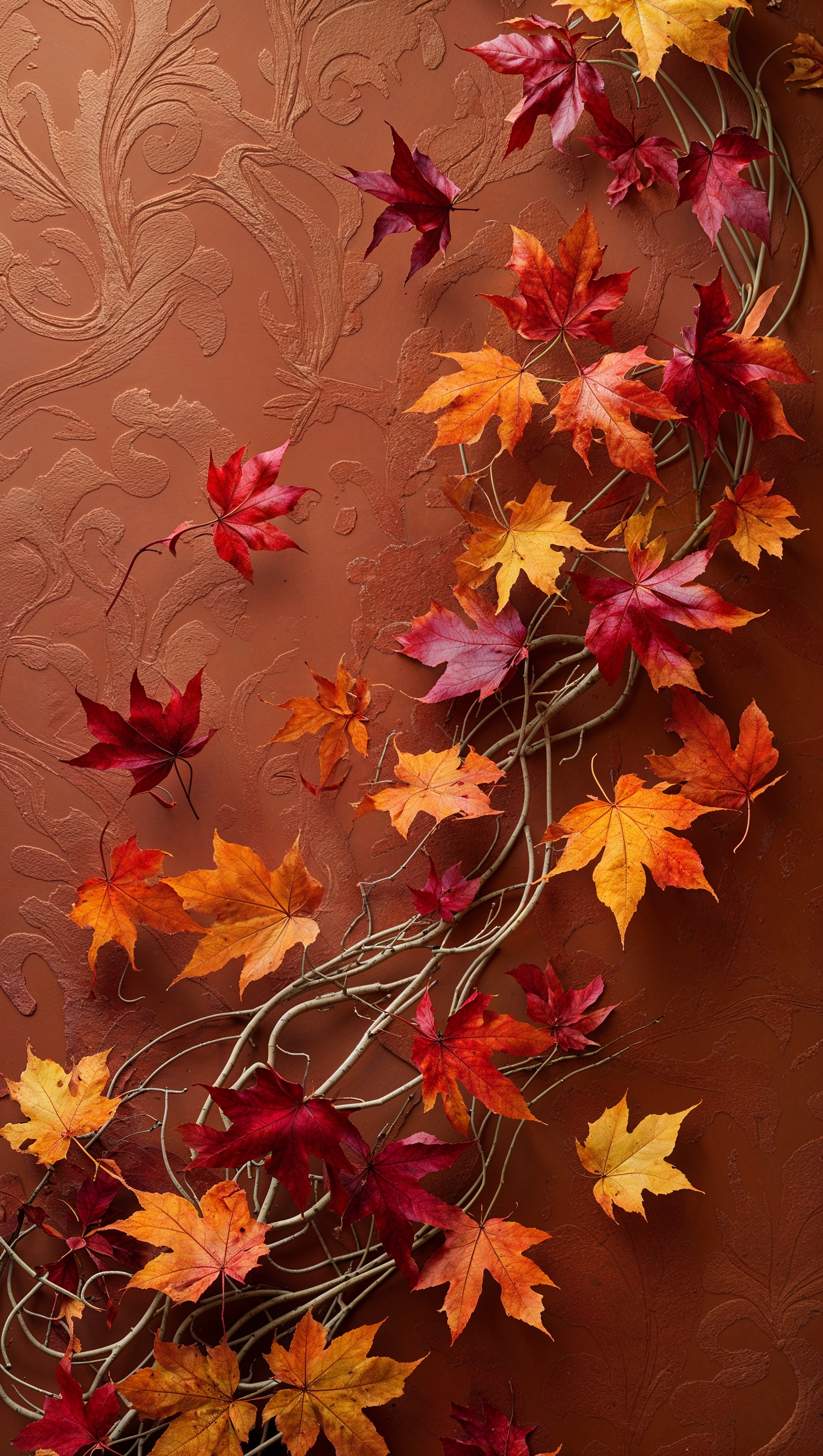 Warm textured wallpaper with overlapping autumn leaves in motion