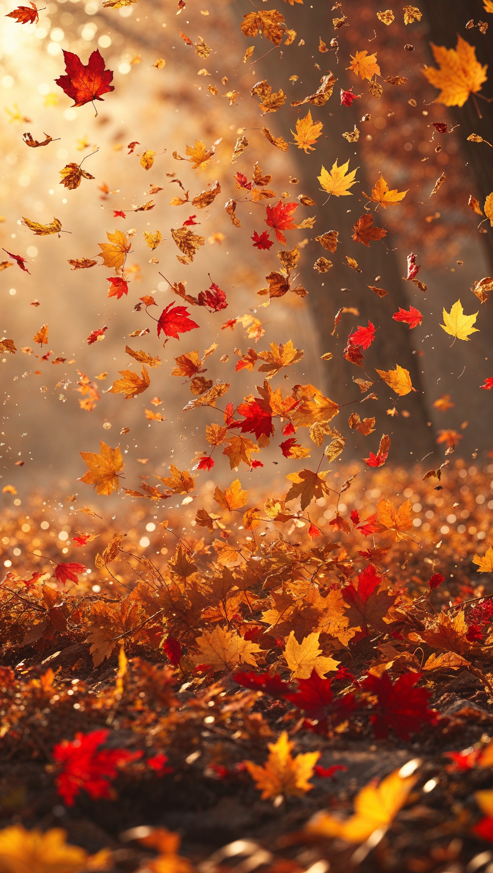 Crisp autumn air theme with flying leaves and sunlit haze in background