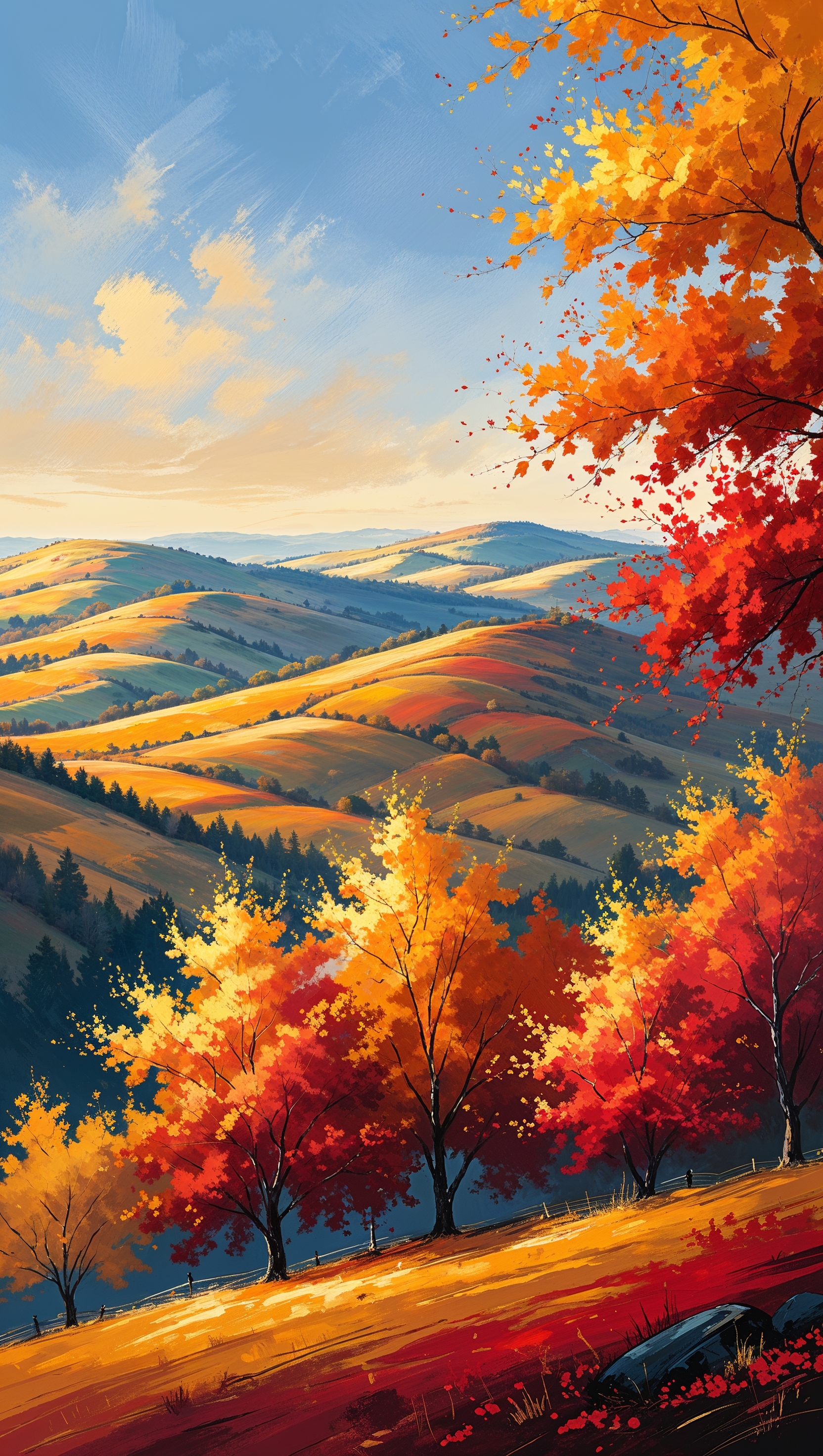 Hand-painted autumn landscape with distant hills and trees in gold-red hues