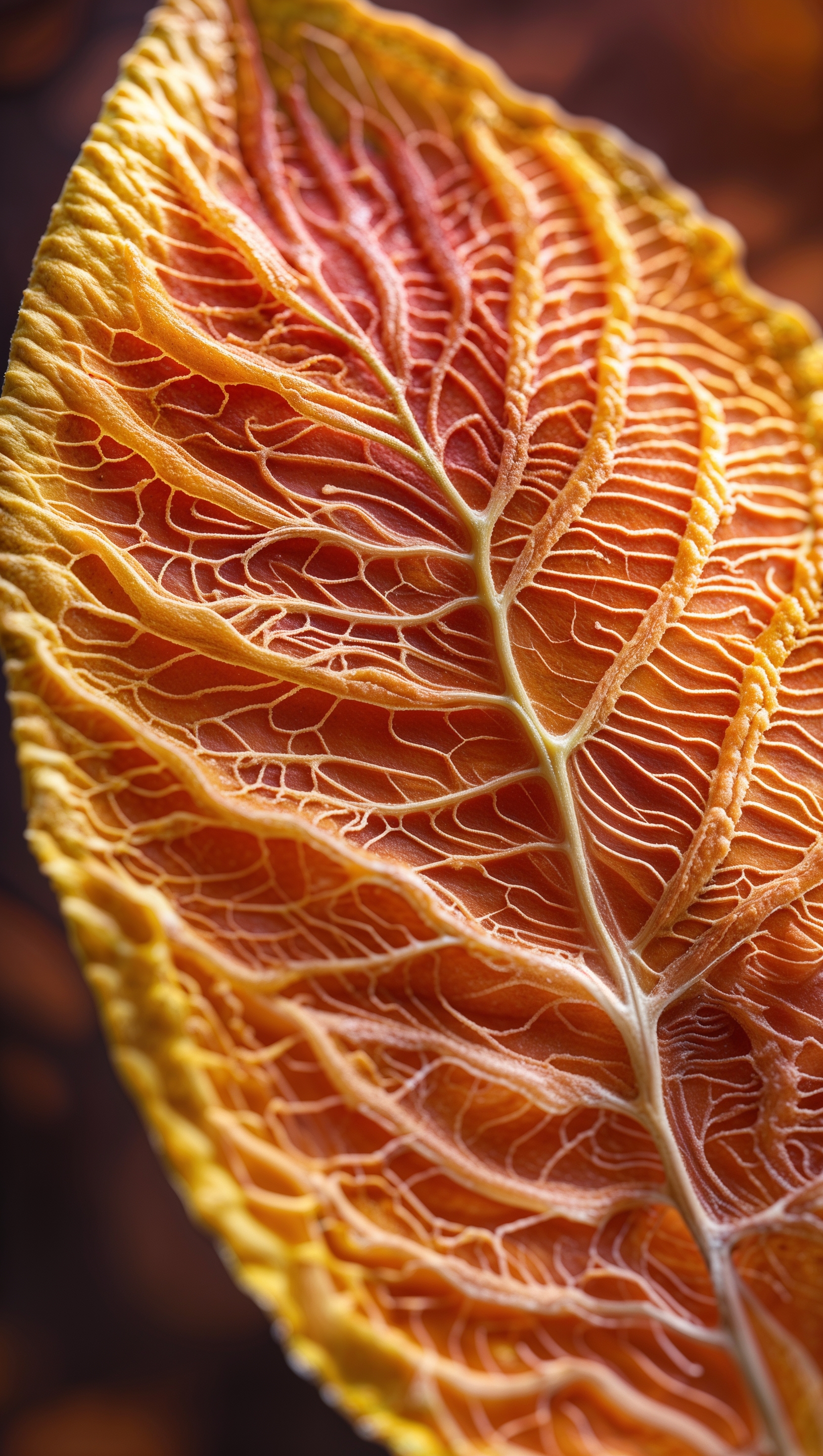 Macro shot of textured orange leaf veins, abstract natural pattern