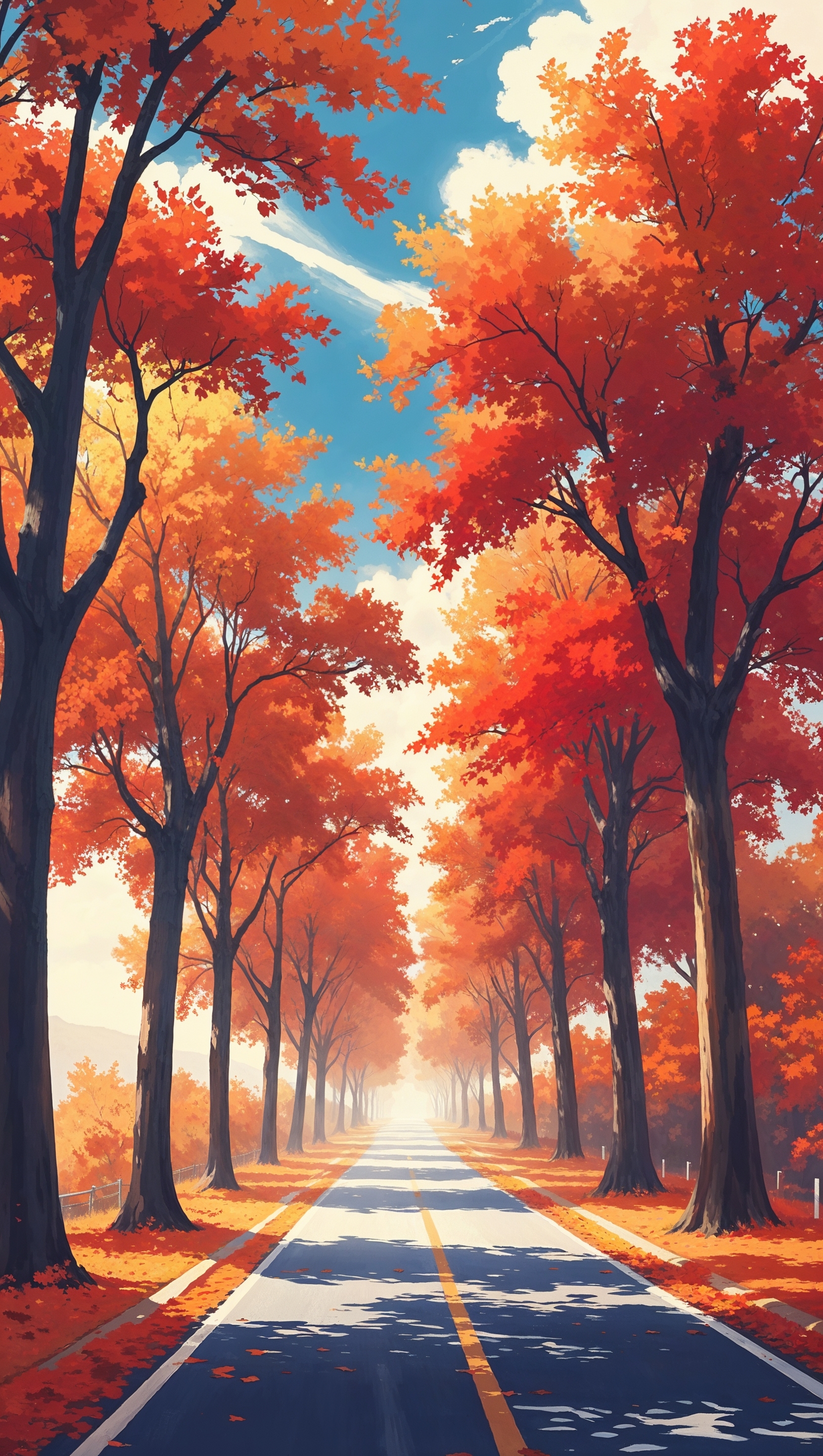 A vertical wallpaper of a tree-lined road covered in orange and red leaves