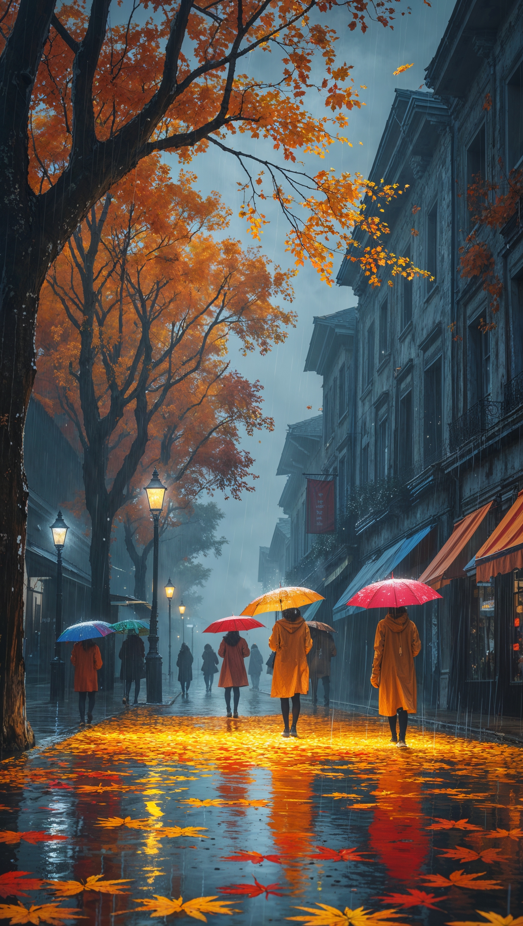 Rainy autumn street scene with yellow leaves and glowing reflections