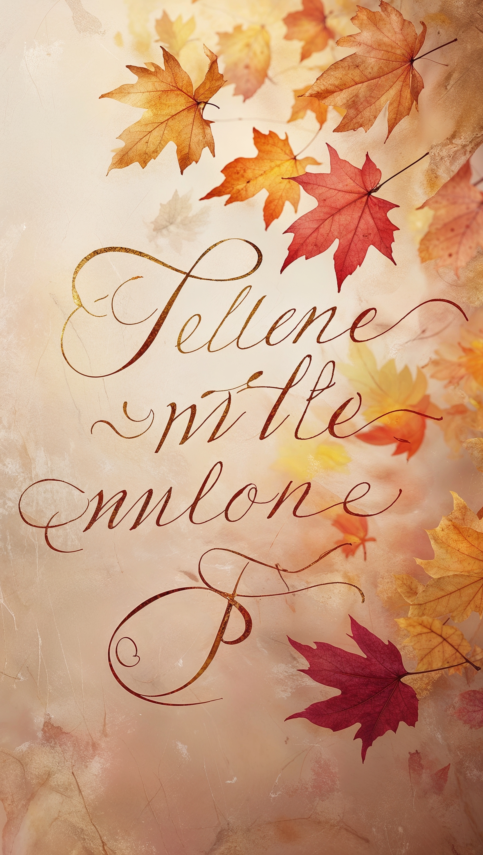 Autumn quote in cursive over faded leaf background, warm and personal