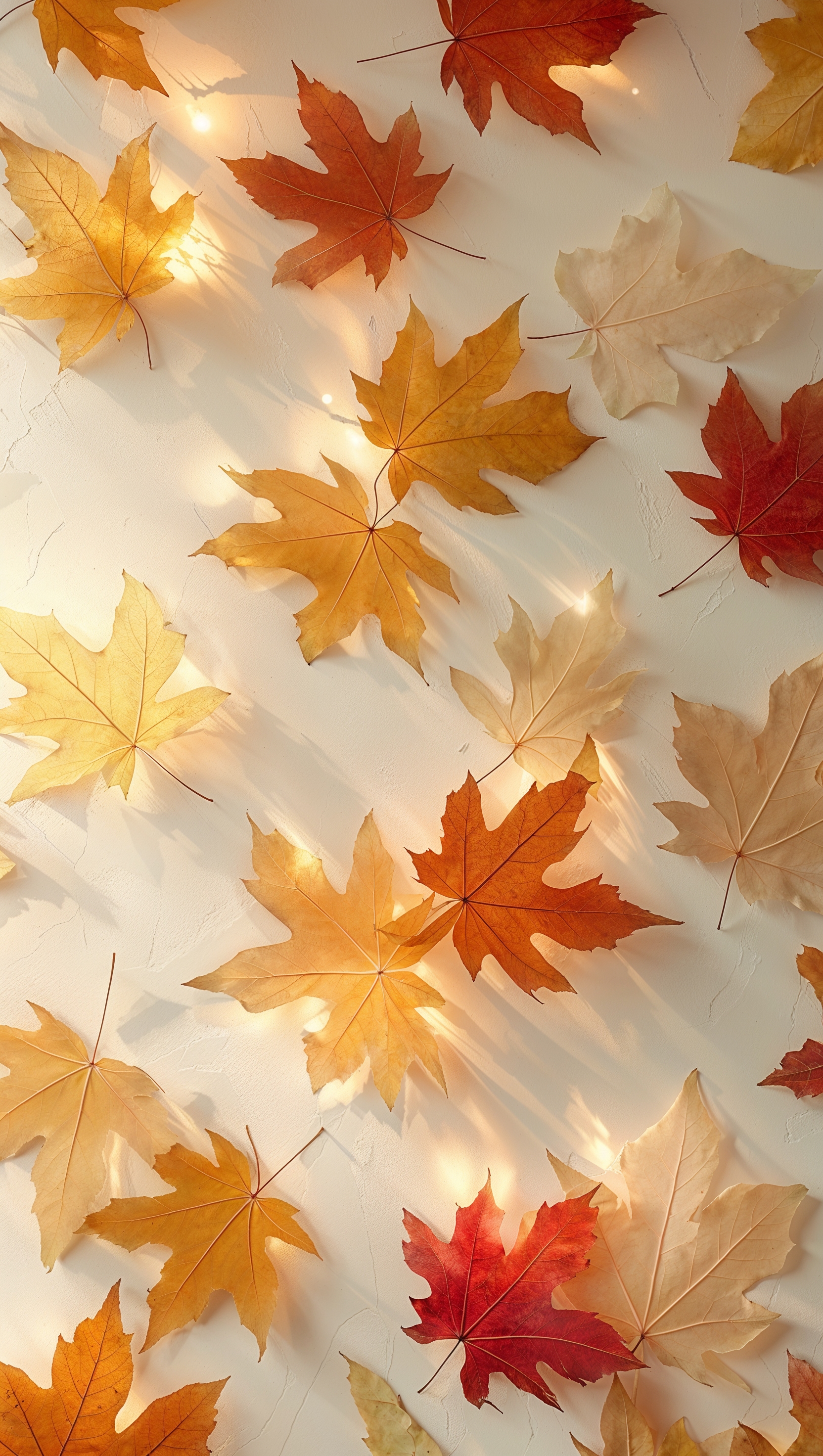 Vertical wallpaper with layers of transparent fall leaves in soft light