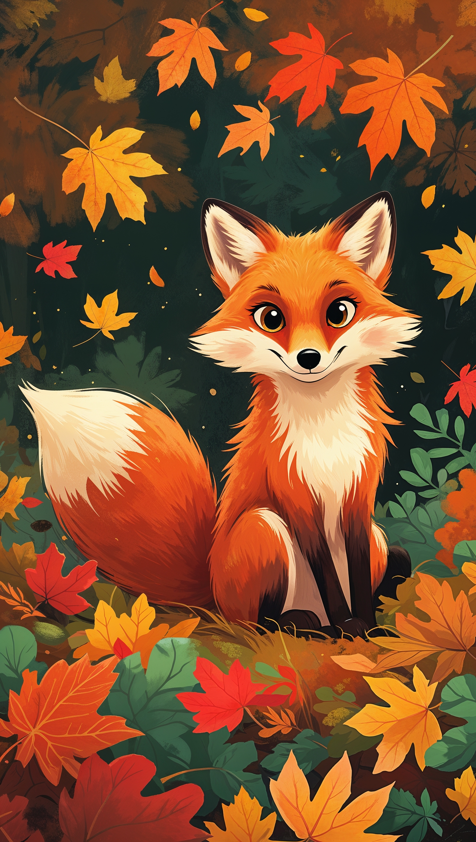 Cute cartoon fox sitting among colorful autumn leaves, soft textured style