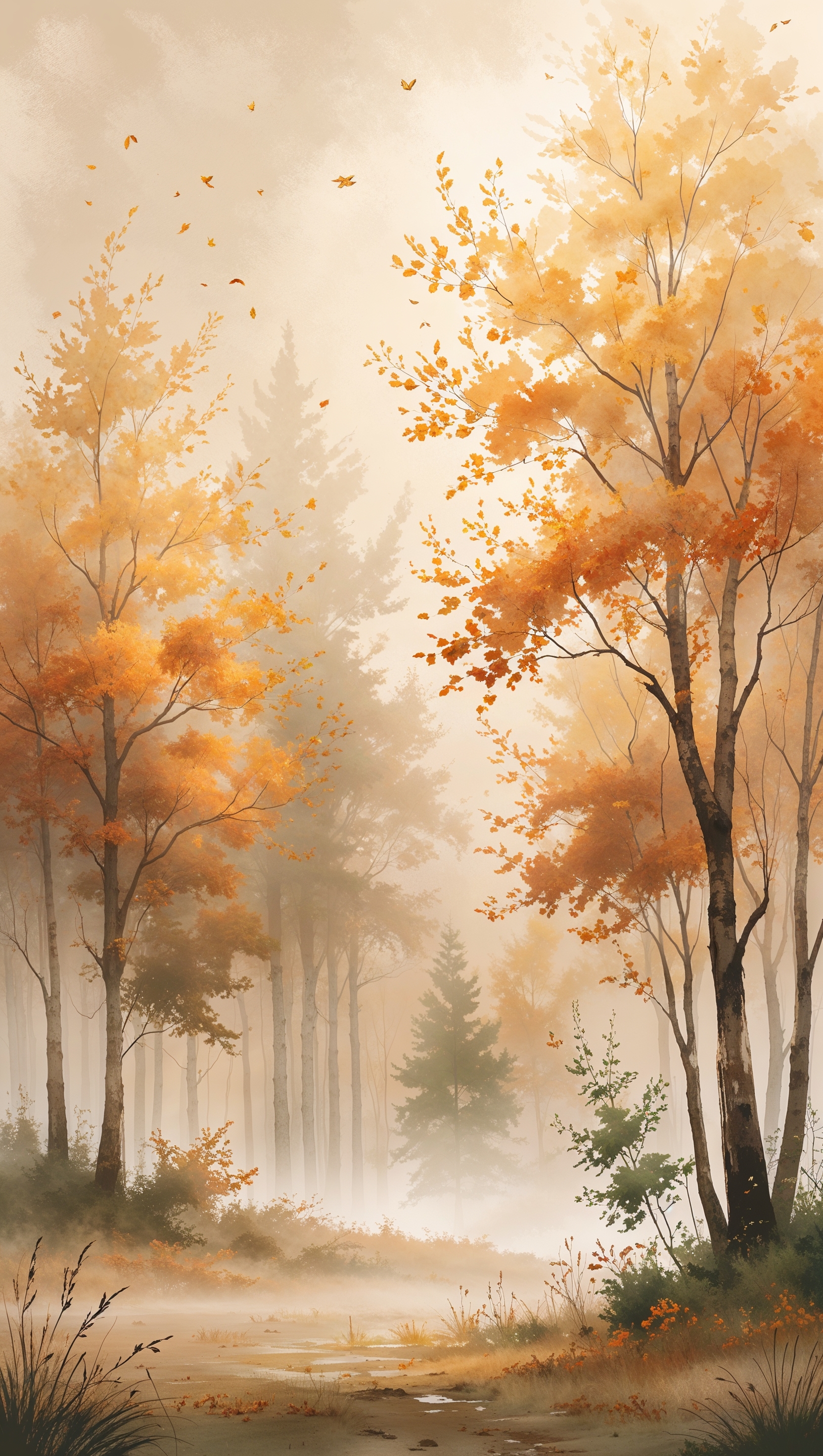 Soft watercolor-style autumn scenery with golden trees and light fog