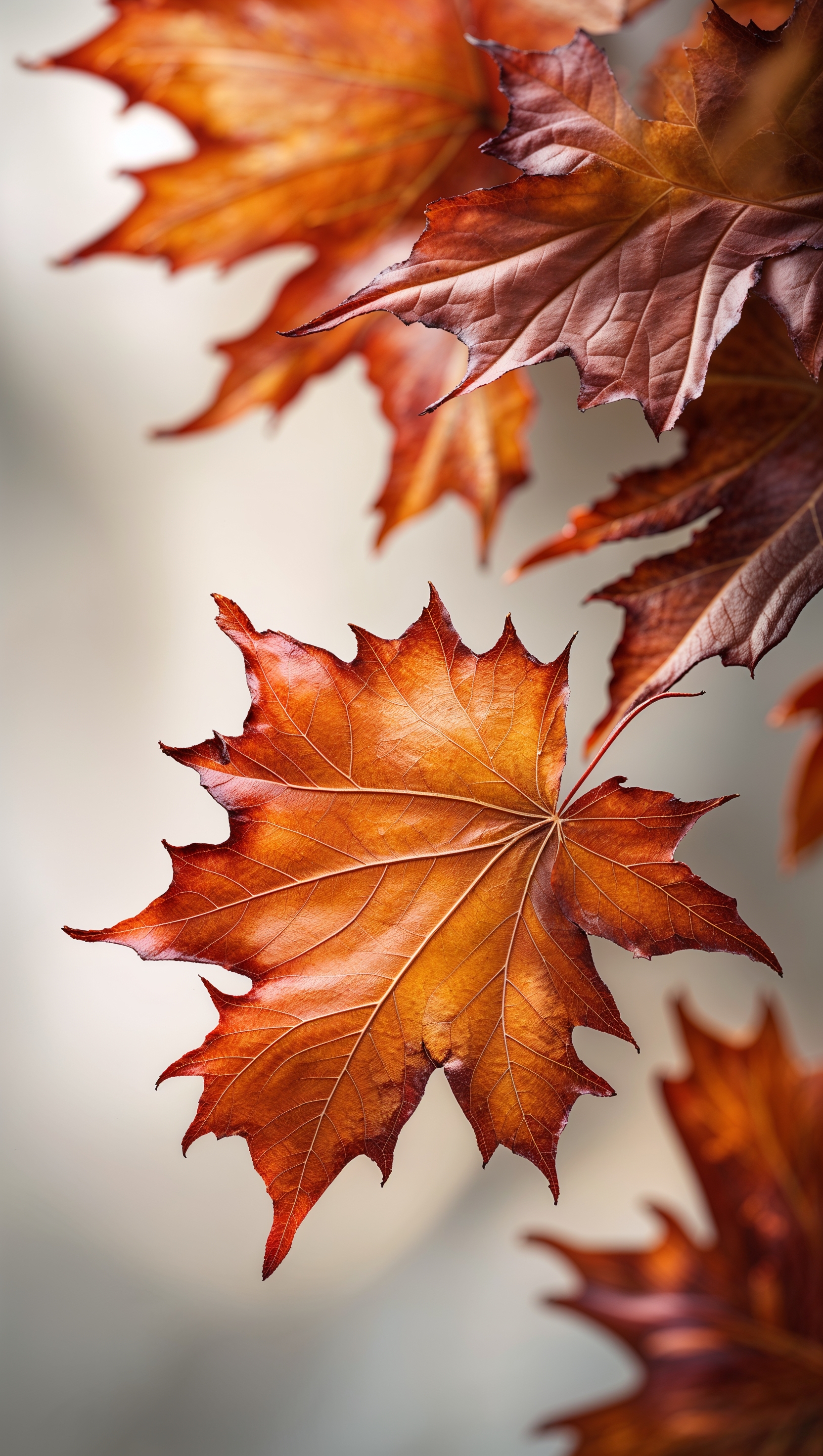 Close-up of maple leaves in deep orange and brown tones, soft depth of field