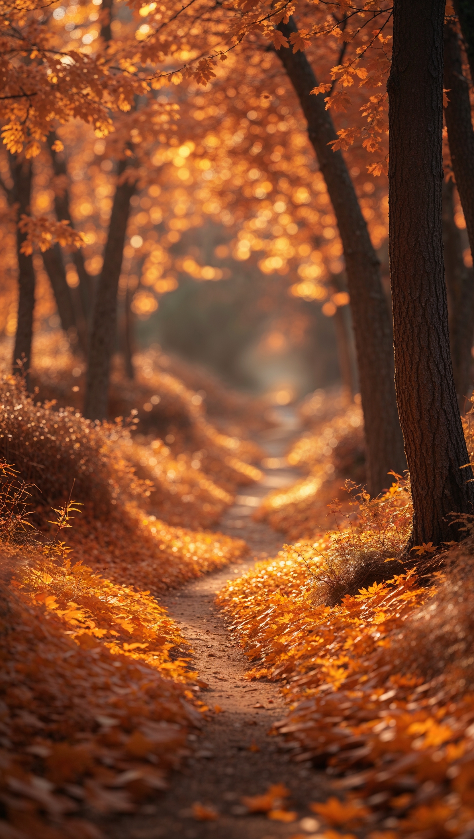 Vertical cinematic autumn forest trail covered with golden leaves, warm backlight, shallow depth of field