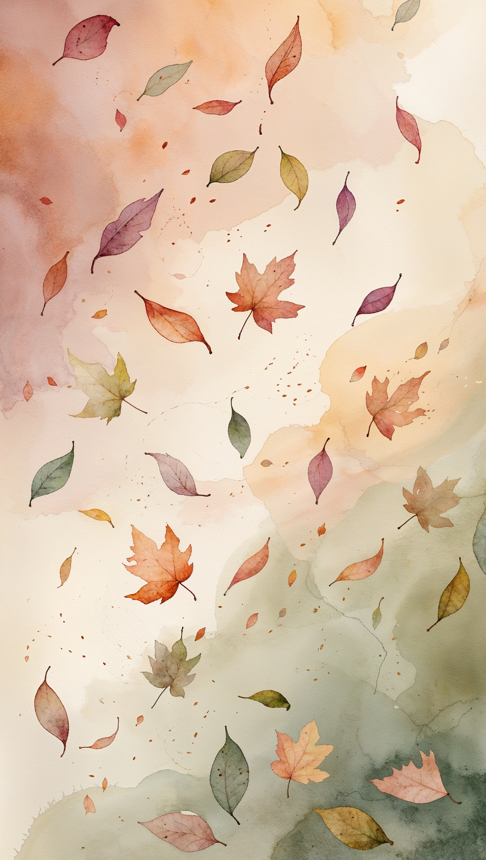Watercolor illustration of falling leaves and breeze trails, pastel fall tones
