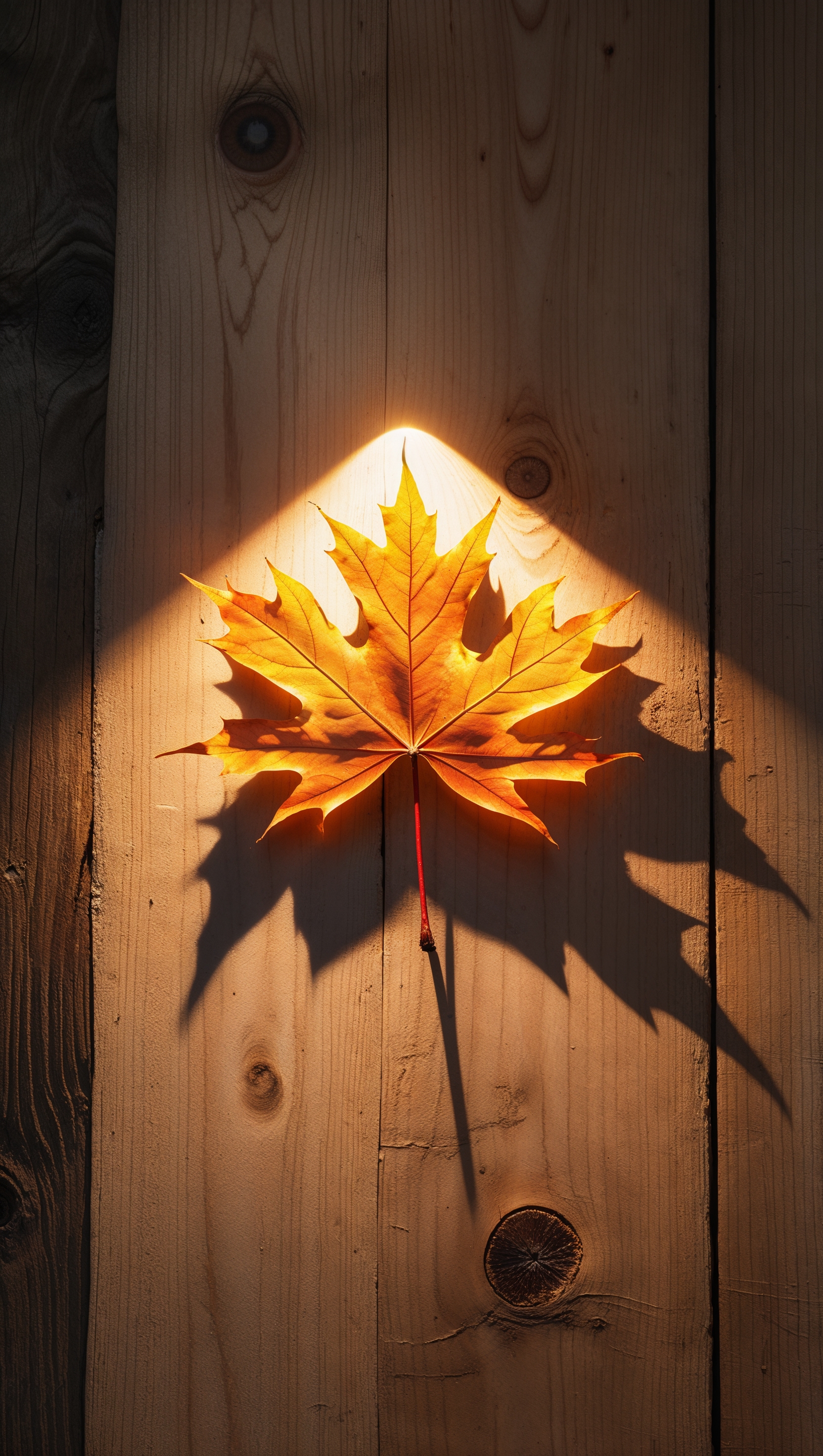 Single maple leaf glowing under spotlight over wood texture background