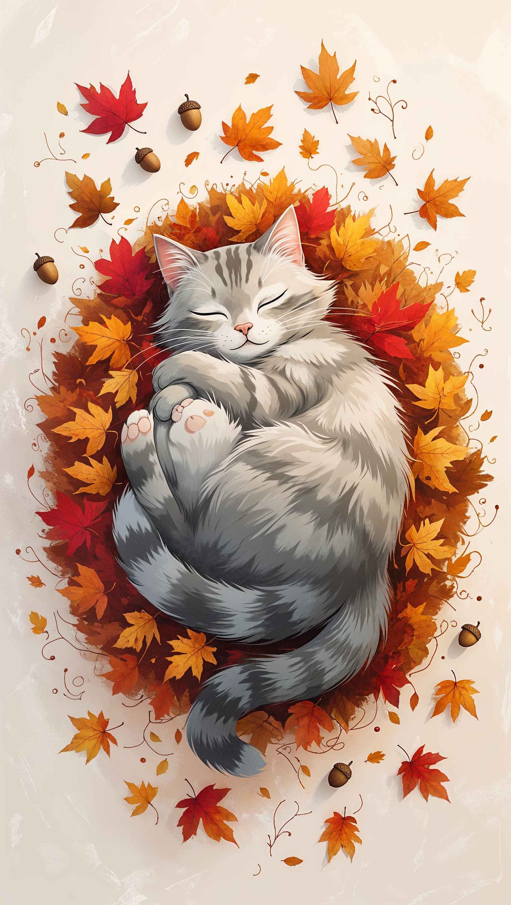Flat illustration of a cat sleeping in a pile of autumn leaves