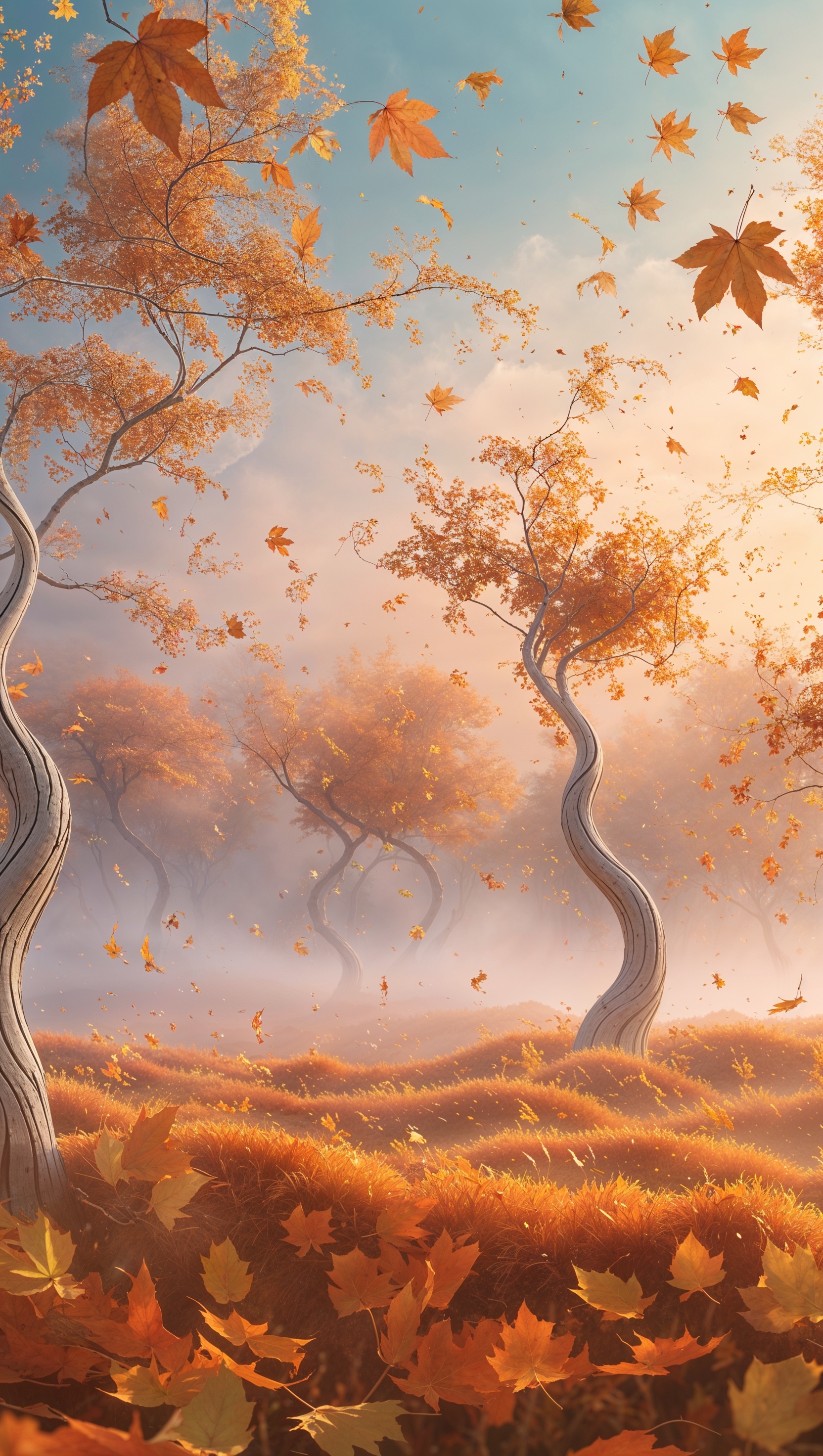 Surreal fall landscape with floating golden leaves and curved trees