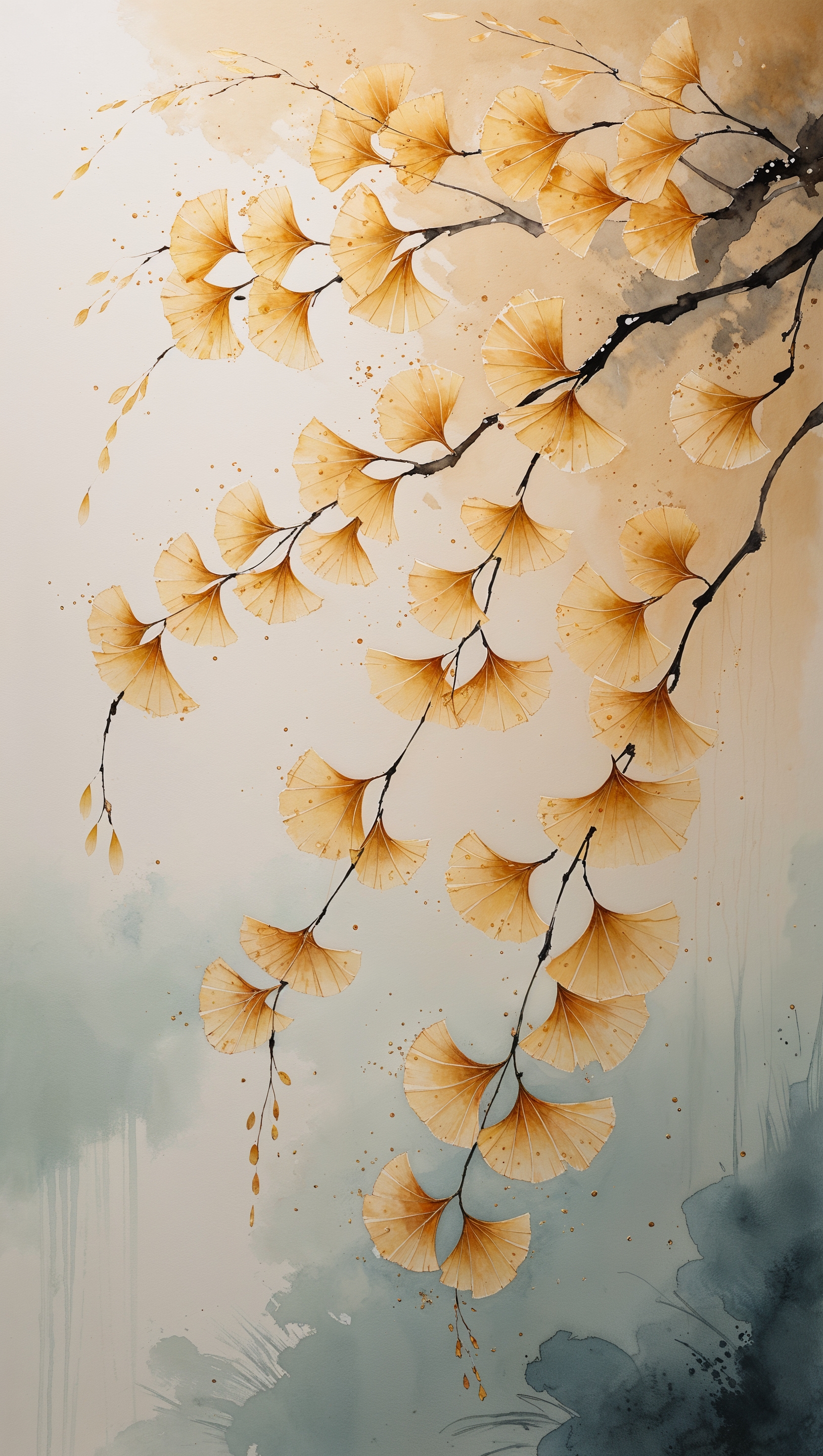 Japanese-style ink wash painting of falling ginkgo leaves