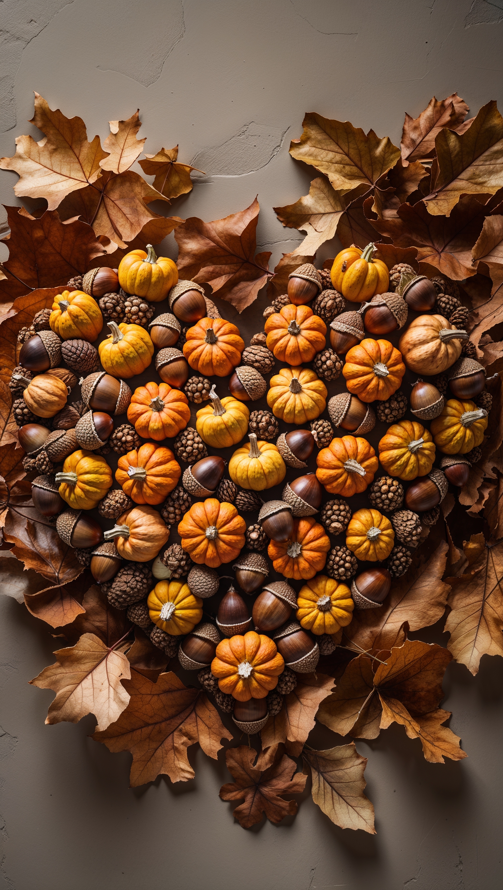 Heart shape made of acorns and mini pumpkins on dry leaves