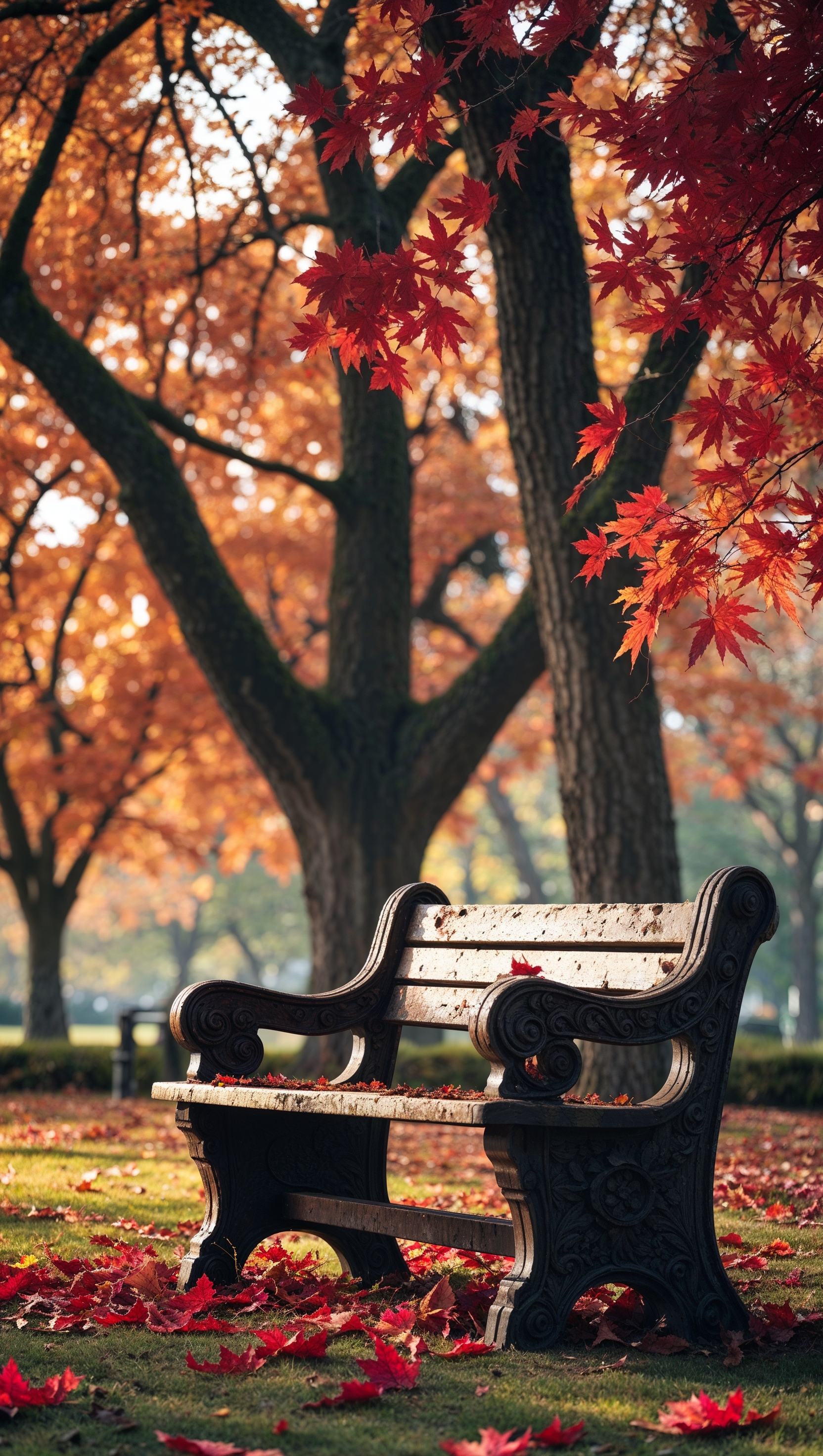 Old wooden bench under maple trees with scattered red and orange leaves, nostalgic atmosphere