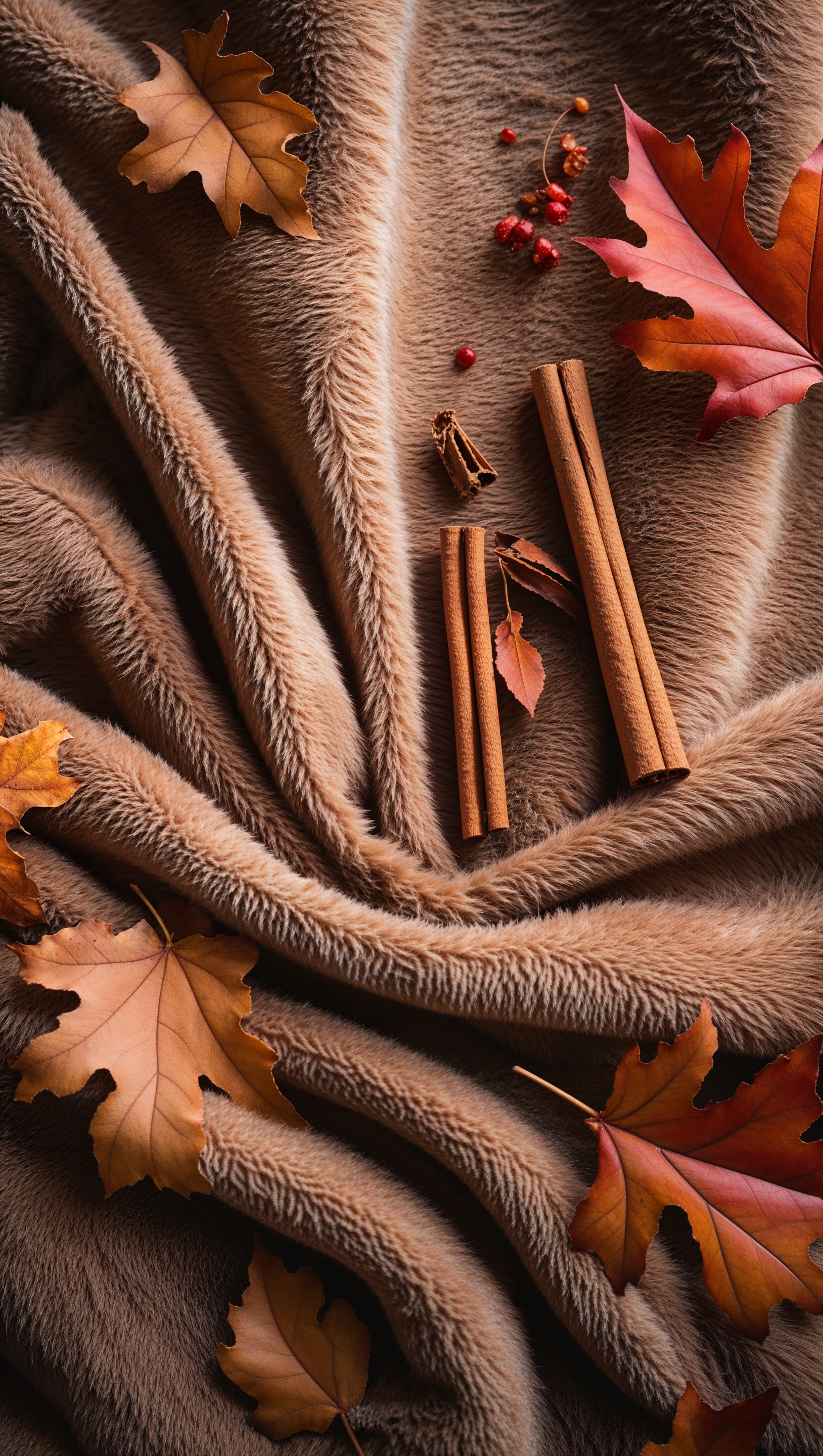 Warm-toned flannel fabric with cinnamon sticks and dry leaves, cozy flatlay