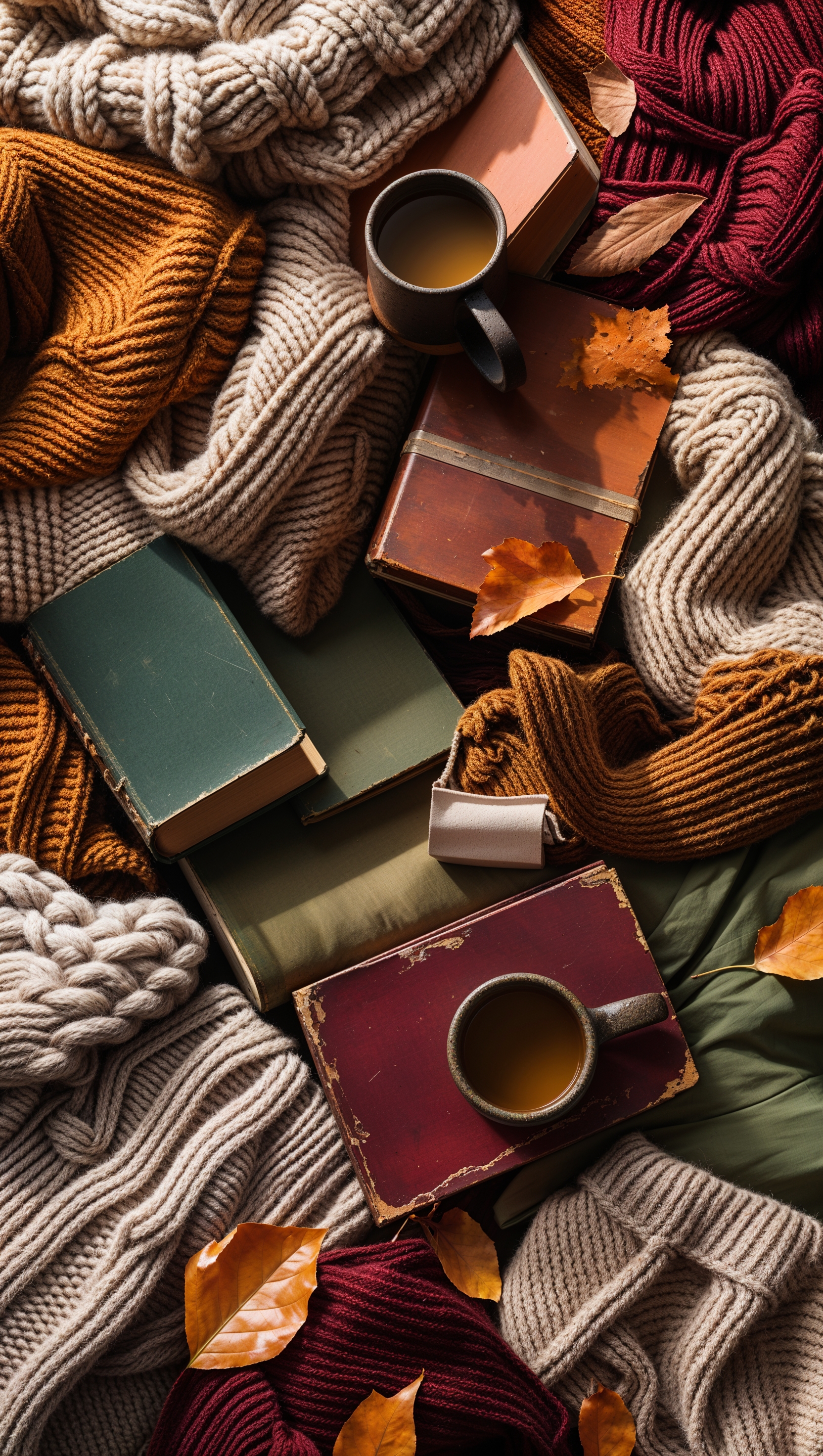 Fall-themed collage of sweaters, books, mugs, and leaf shadows