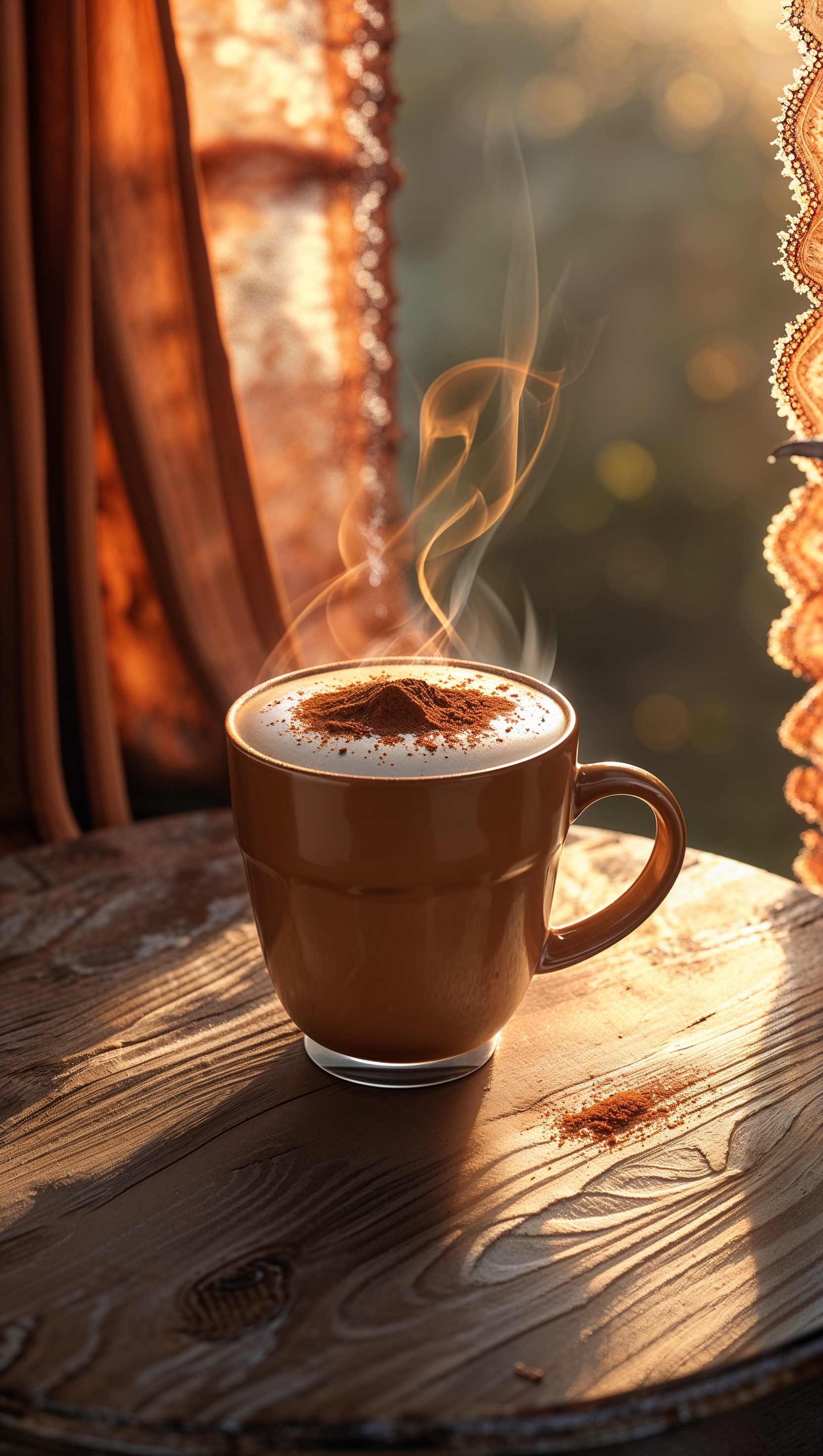 Pumpkin spice latte cup on wooden table with sunlight through orange curtains
