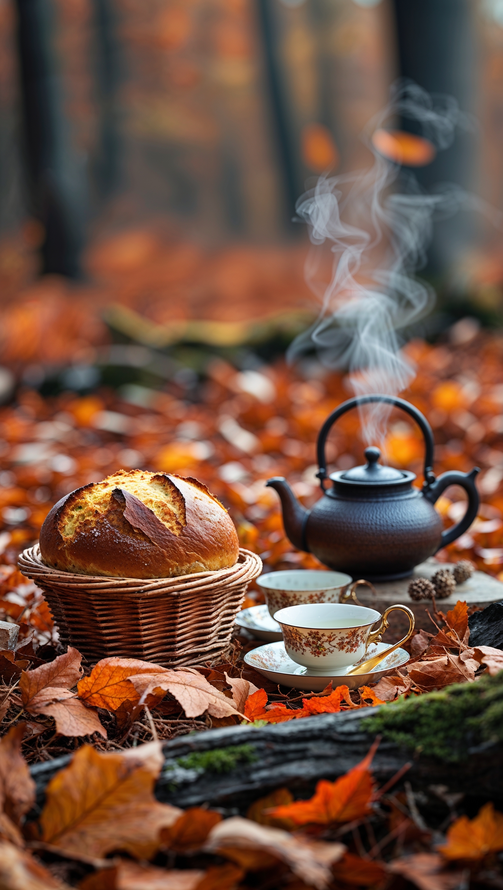 Aesthetic fall picnic setup with bread, tea, and dry leaves in soft focus