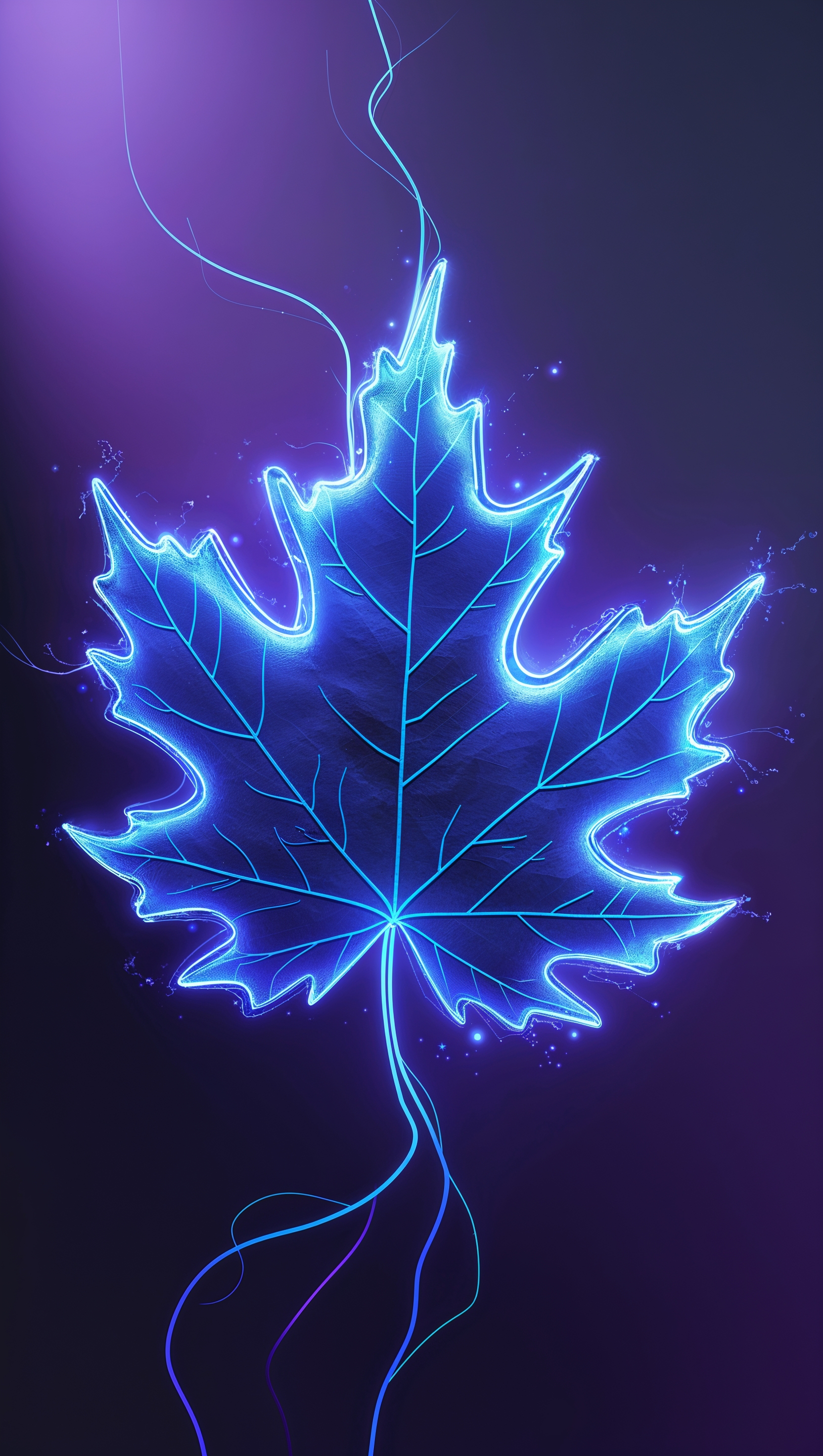 Neon outline of leaf glowing on dark background, autumn cyber style