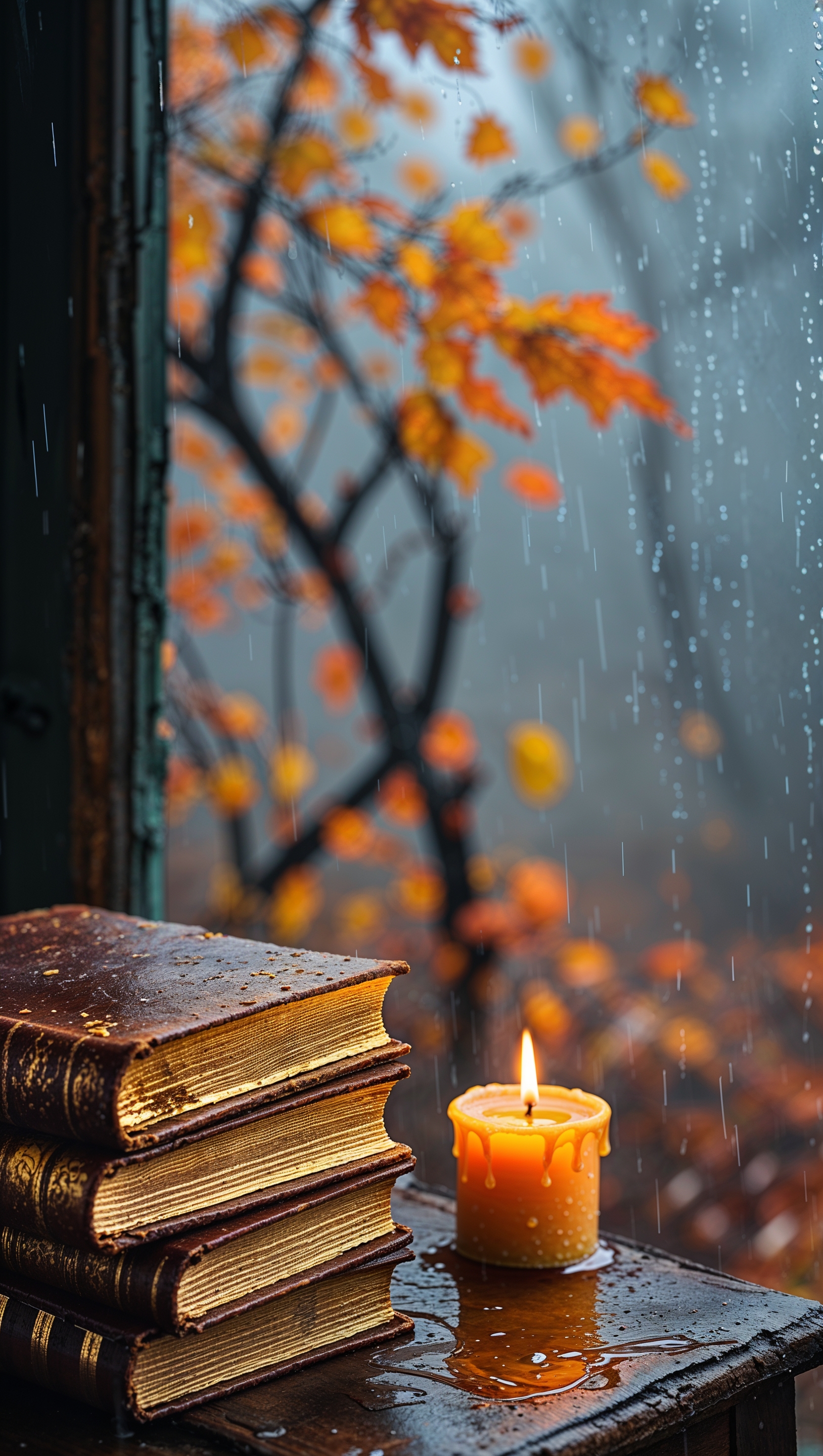 Stack of books near a candle with window view of rainy autumn day