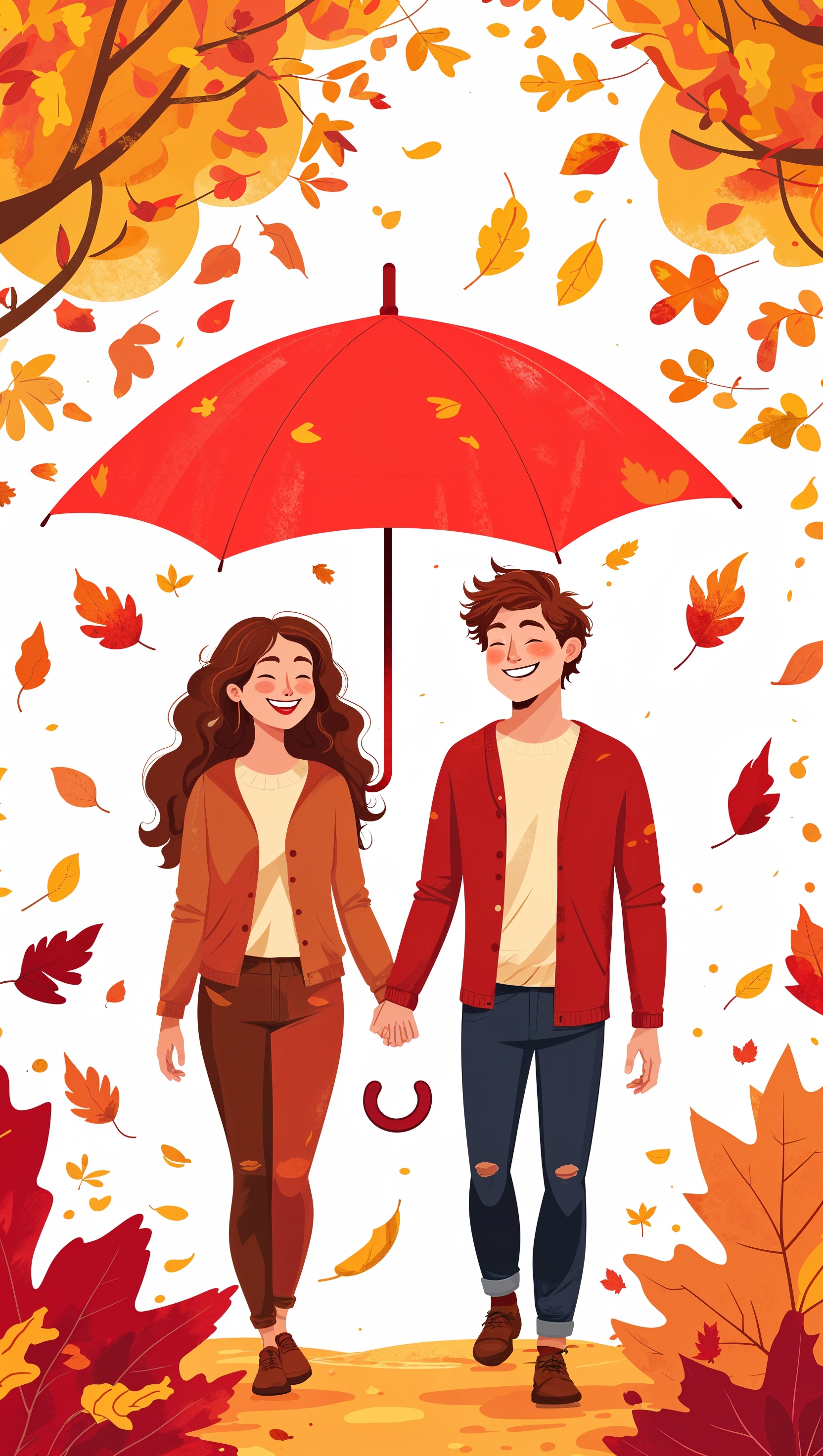 Flat color illustration of a couple walking under one umbrella in falling leaves
