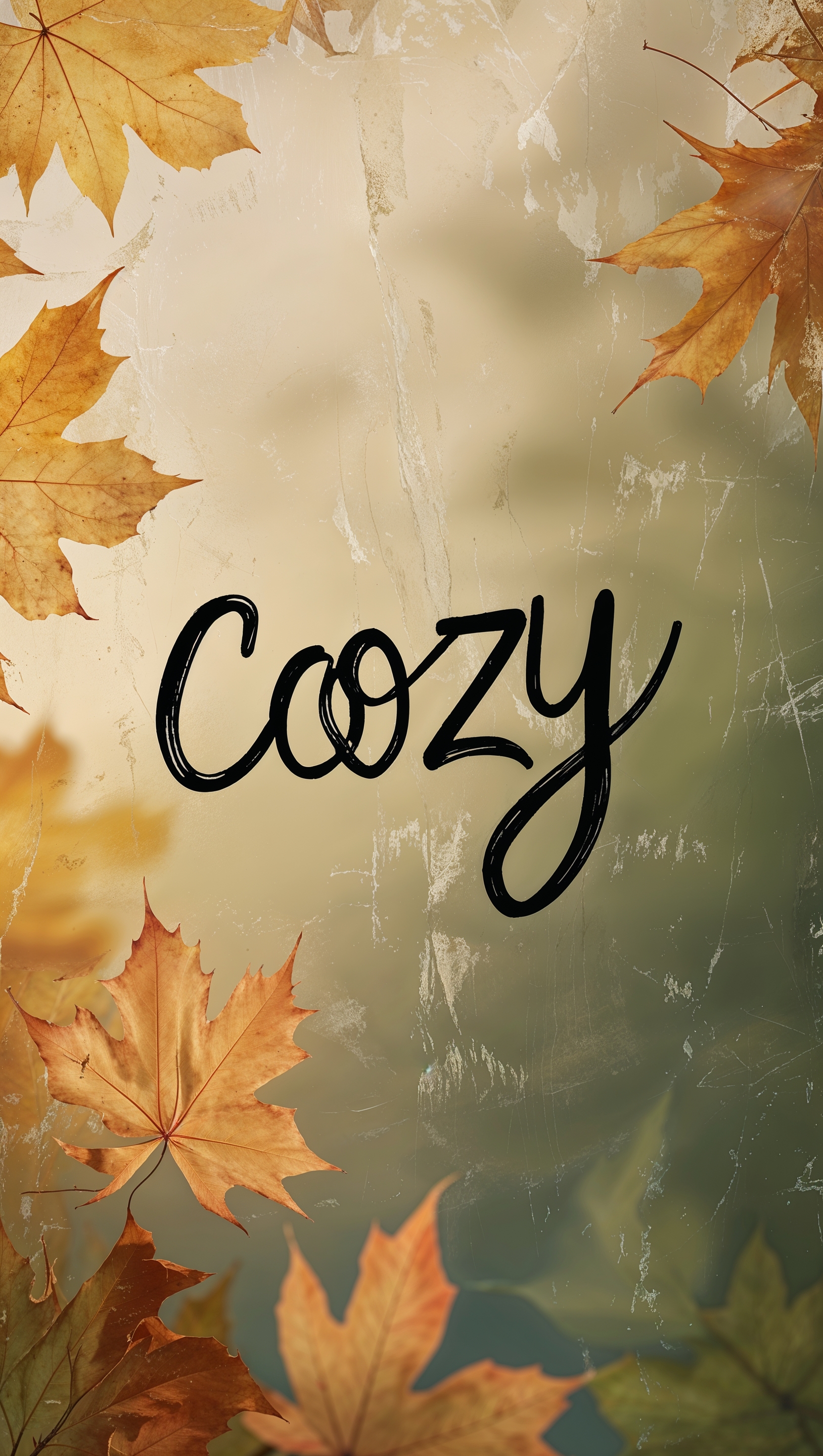 Vertical composition with word “cozy” in handwriting font over blurred leaves