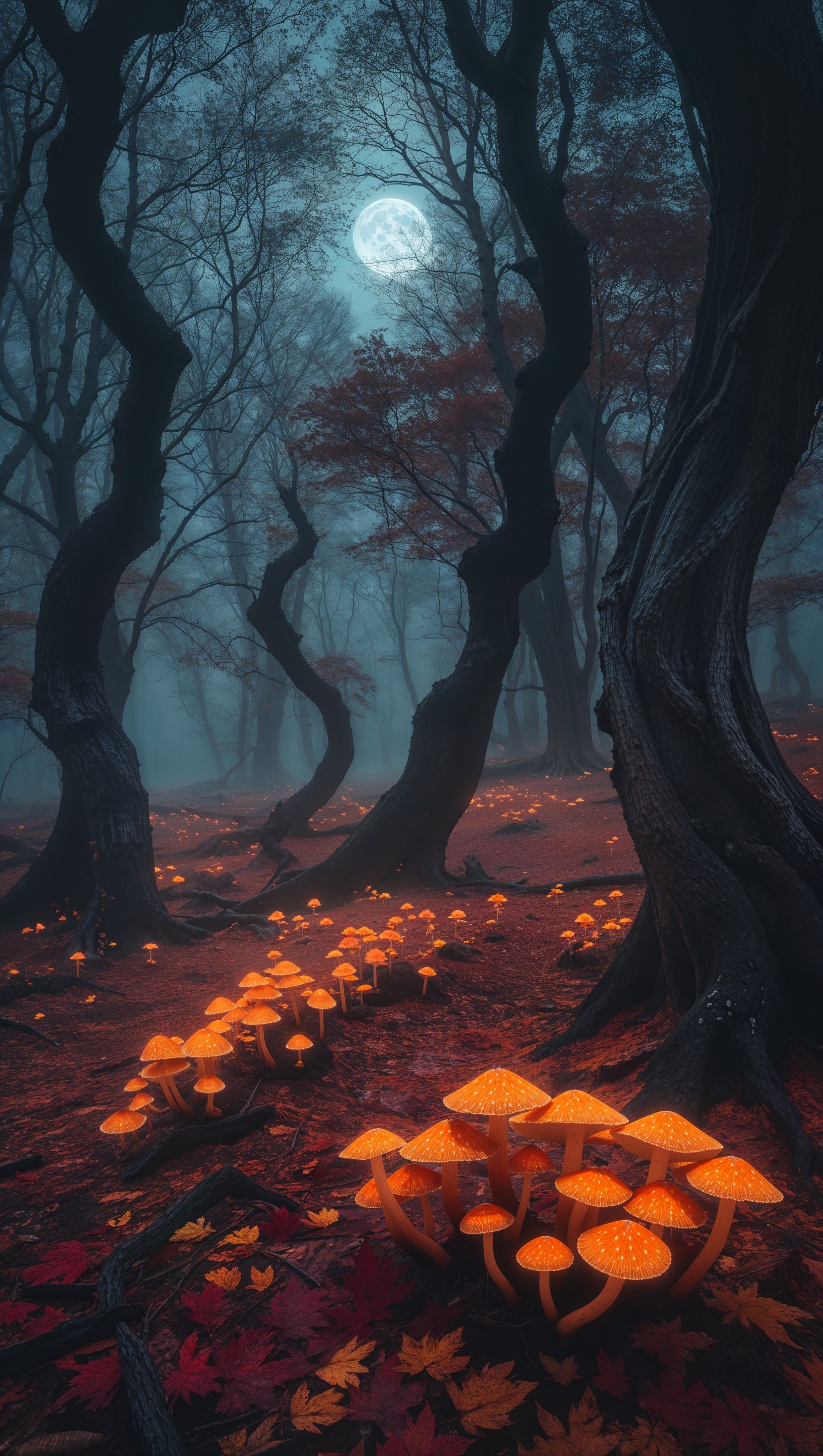 Dark aesthetic autumn forest with glowing orange mushrooms and mist