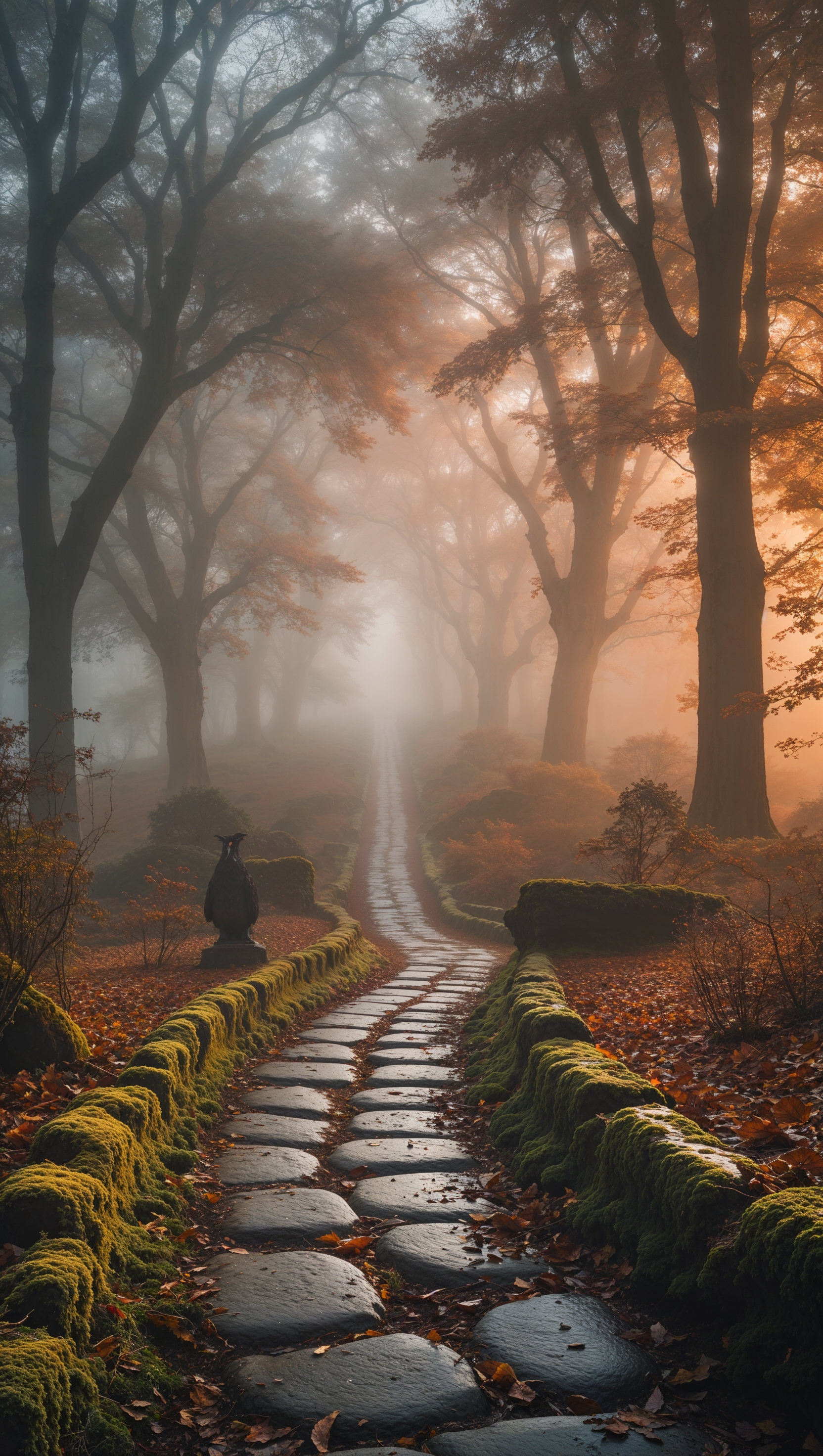 Stone path winding through a foggy autumn garden, mossy edges, soft morning light