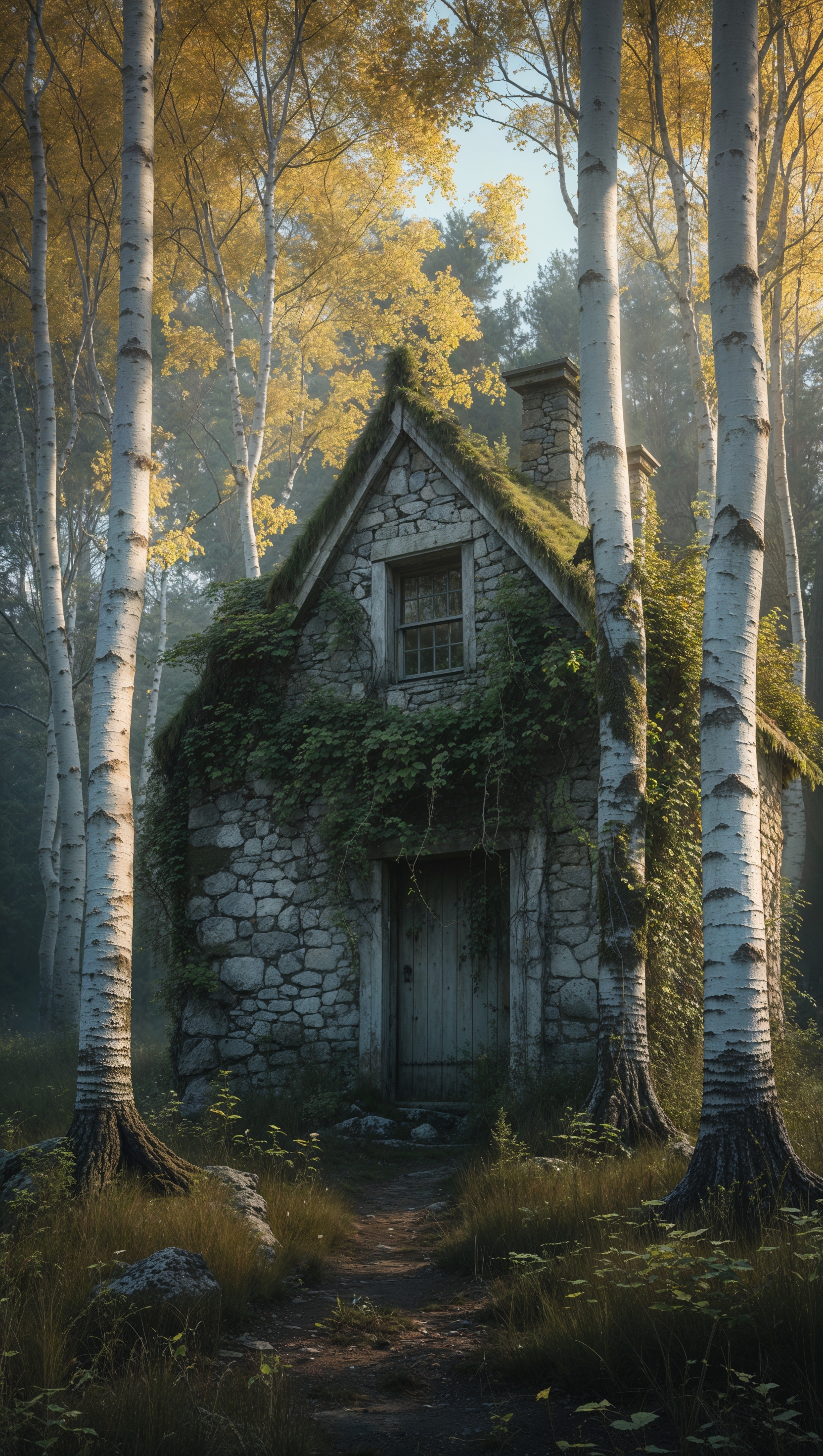 Abandoned cottage in forest surrounded by yellow-leaved birch trees, peaceful and mysterious