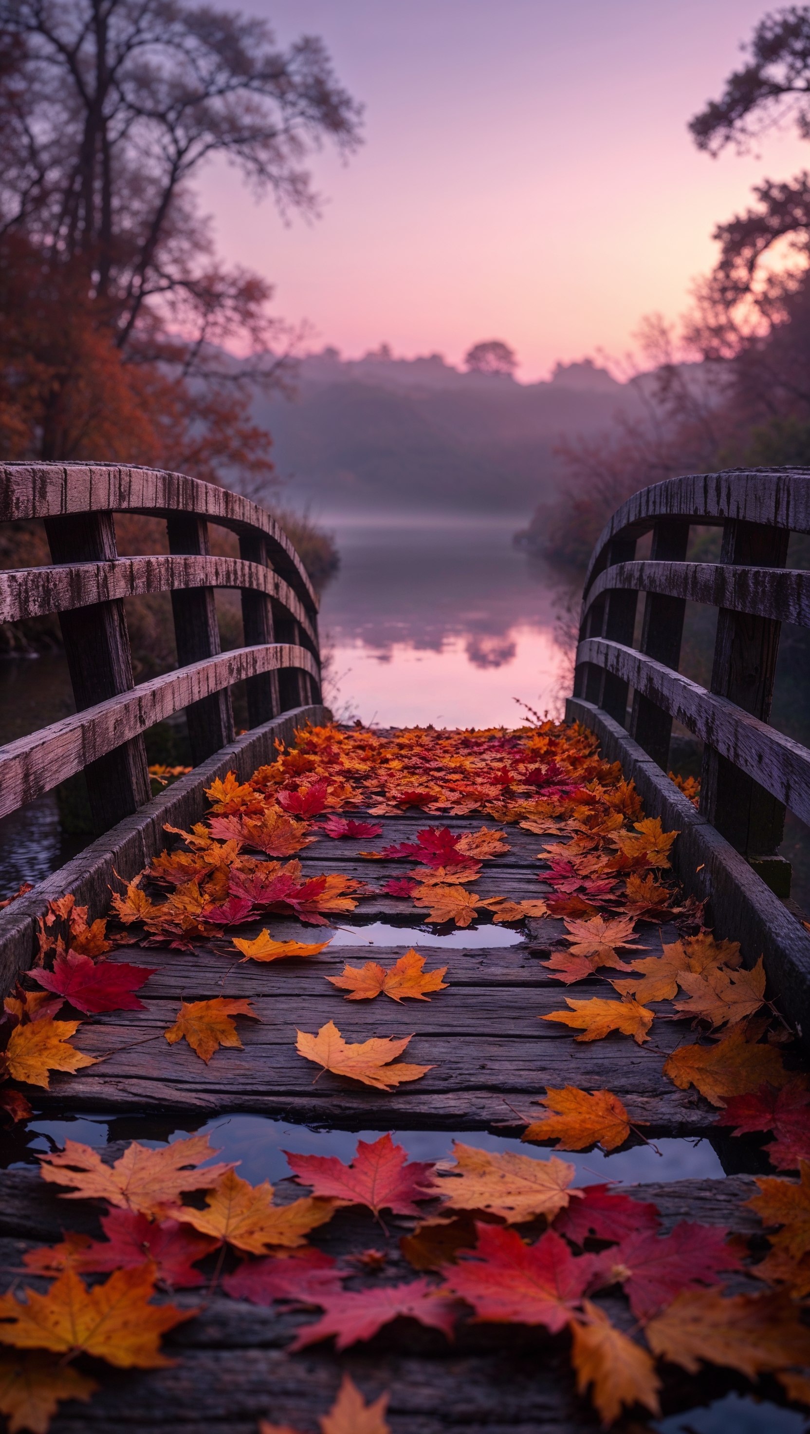 River reflecting amber trees, fallen leaves floating on the water, cloudy autumn sky