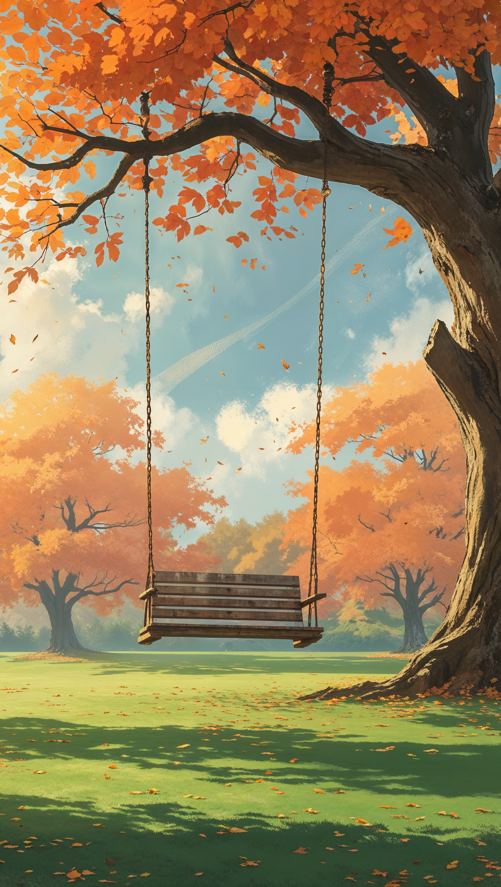 Park swing hanging from a tree with orange foliage, leaves swirling in the wind