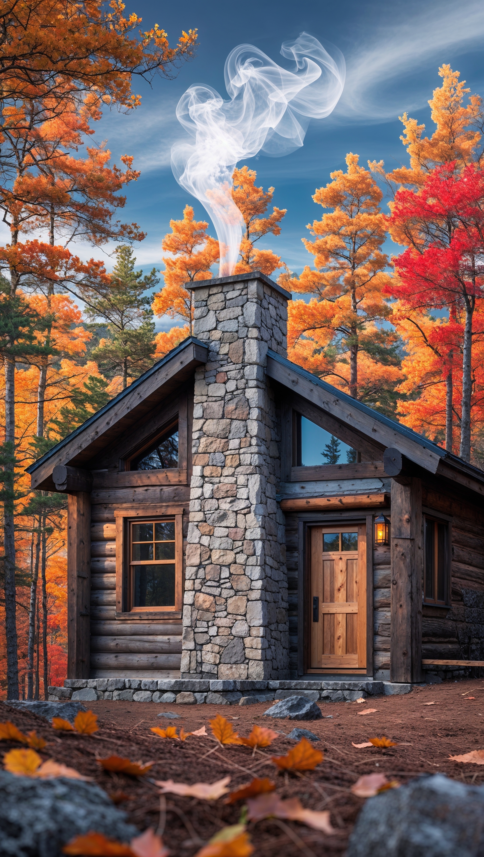 Mountain cabin with chimney smoke rising among fall-colored pine trees