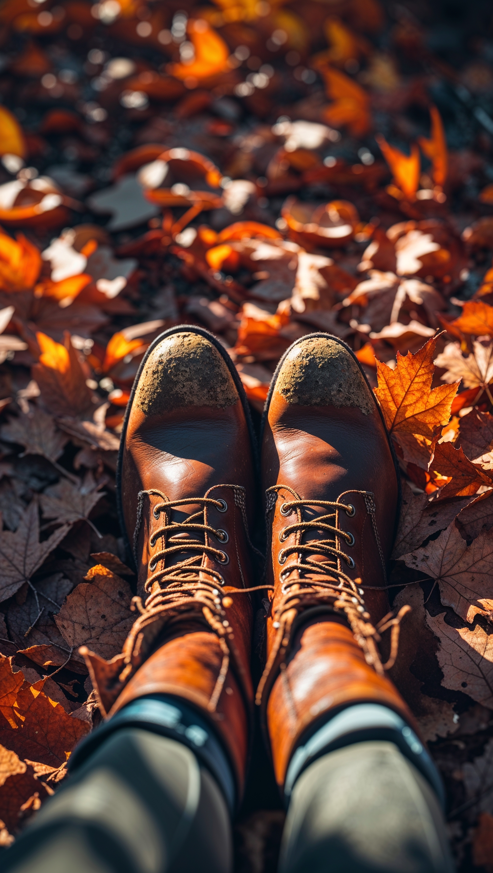 Close-up of boots walking through crunchy autumn leaves, top-down iPhone perspective