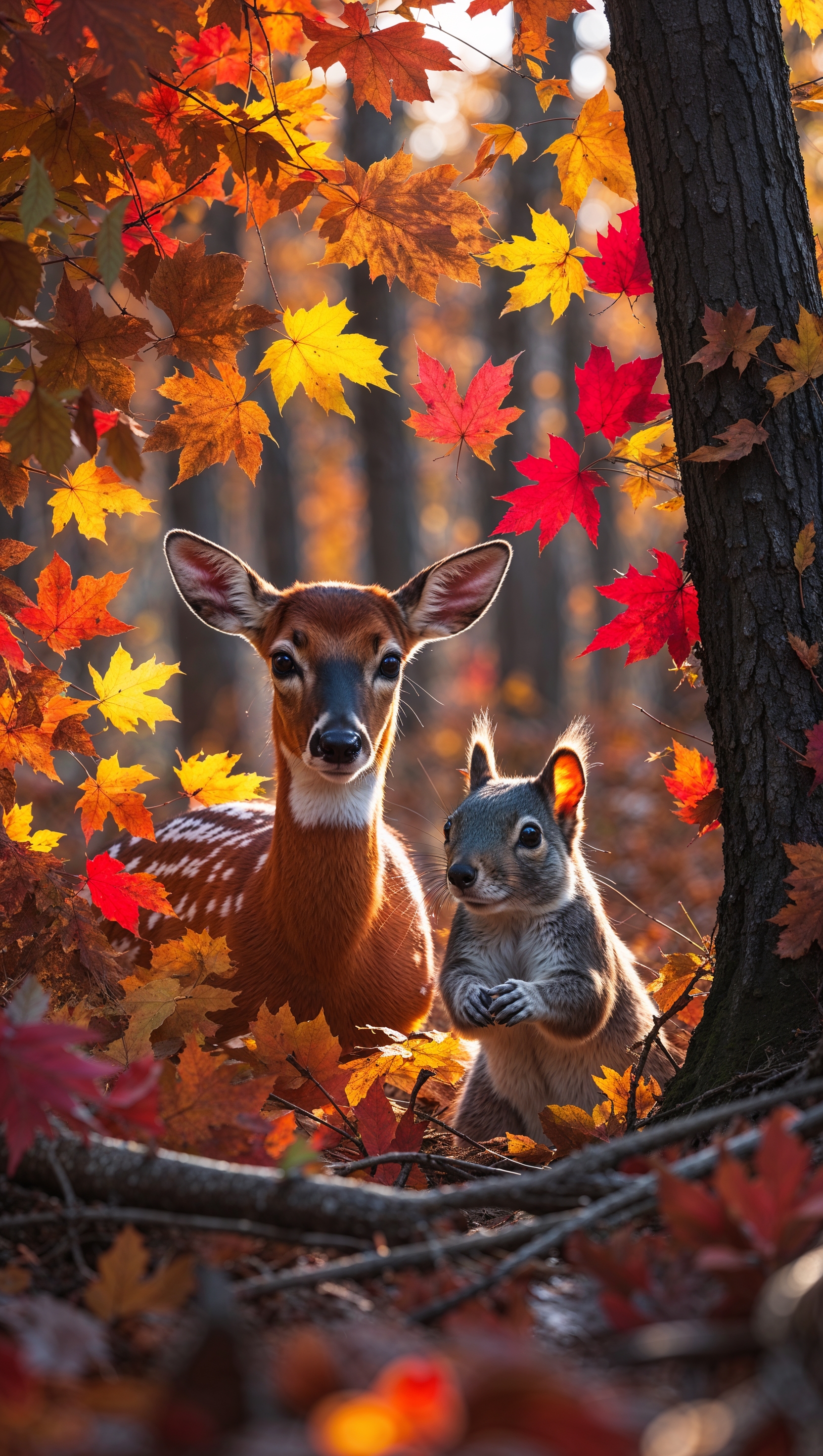 Forest animals (deer, squirrel) peeking through colorful fall foliage