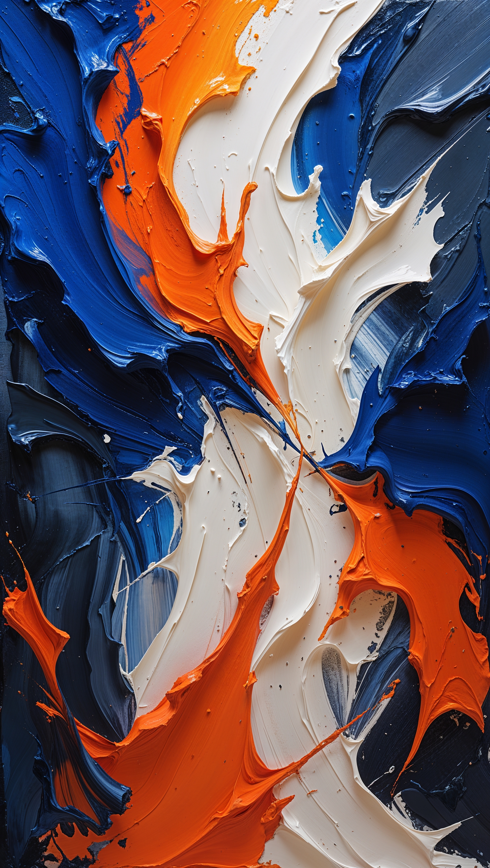 Bold abstract brush strokes on textured canvas, high contrast colors