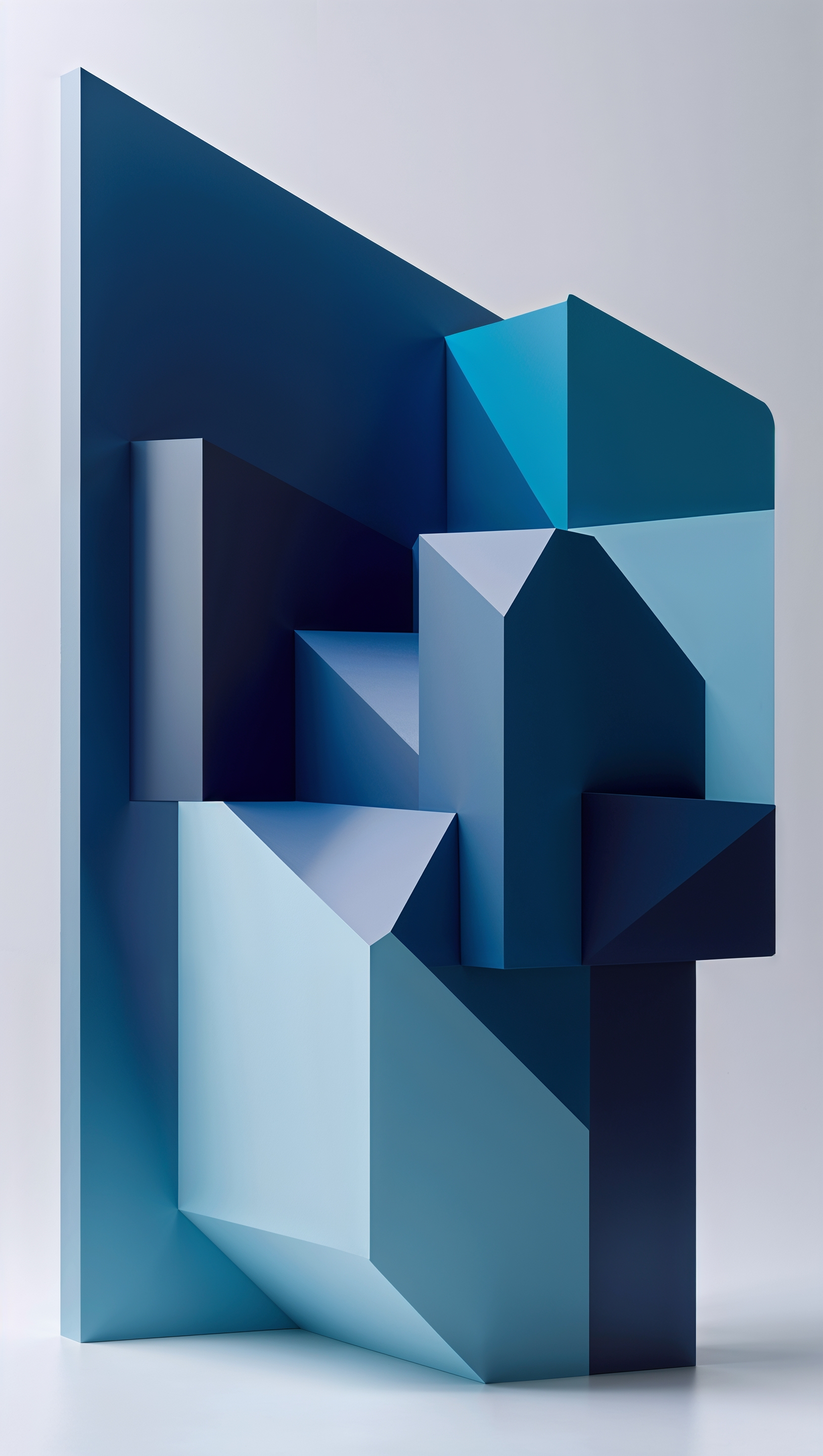 Cubic geometric abstraction with sharp edges and monochrome blue