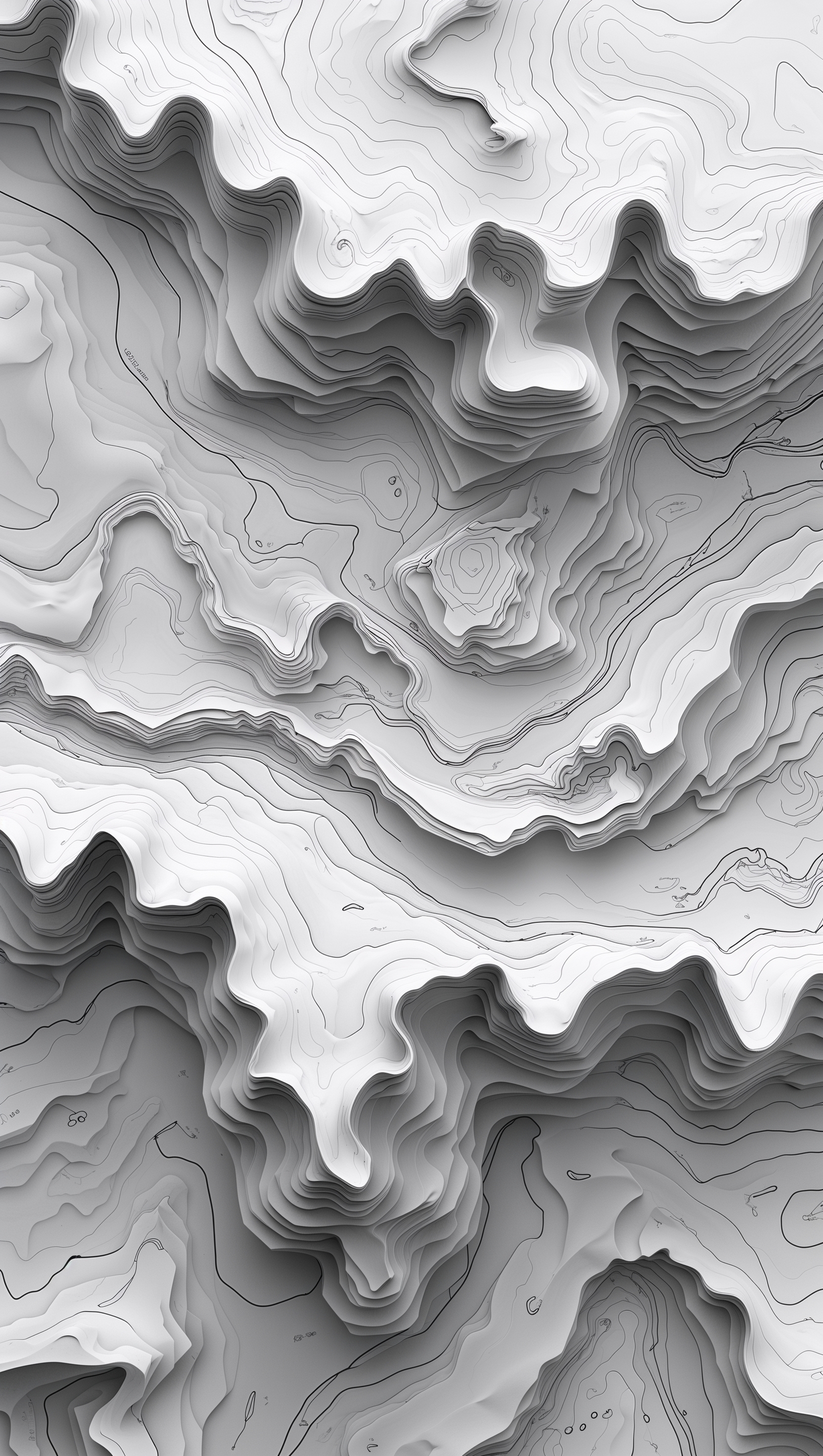 Topographic abstract map lines with elevation effect in monochrome