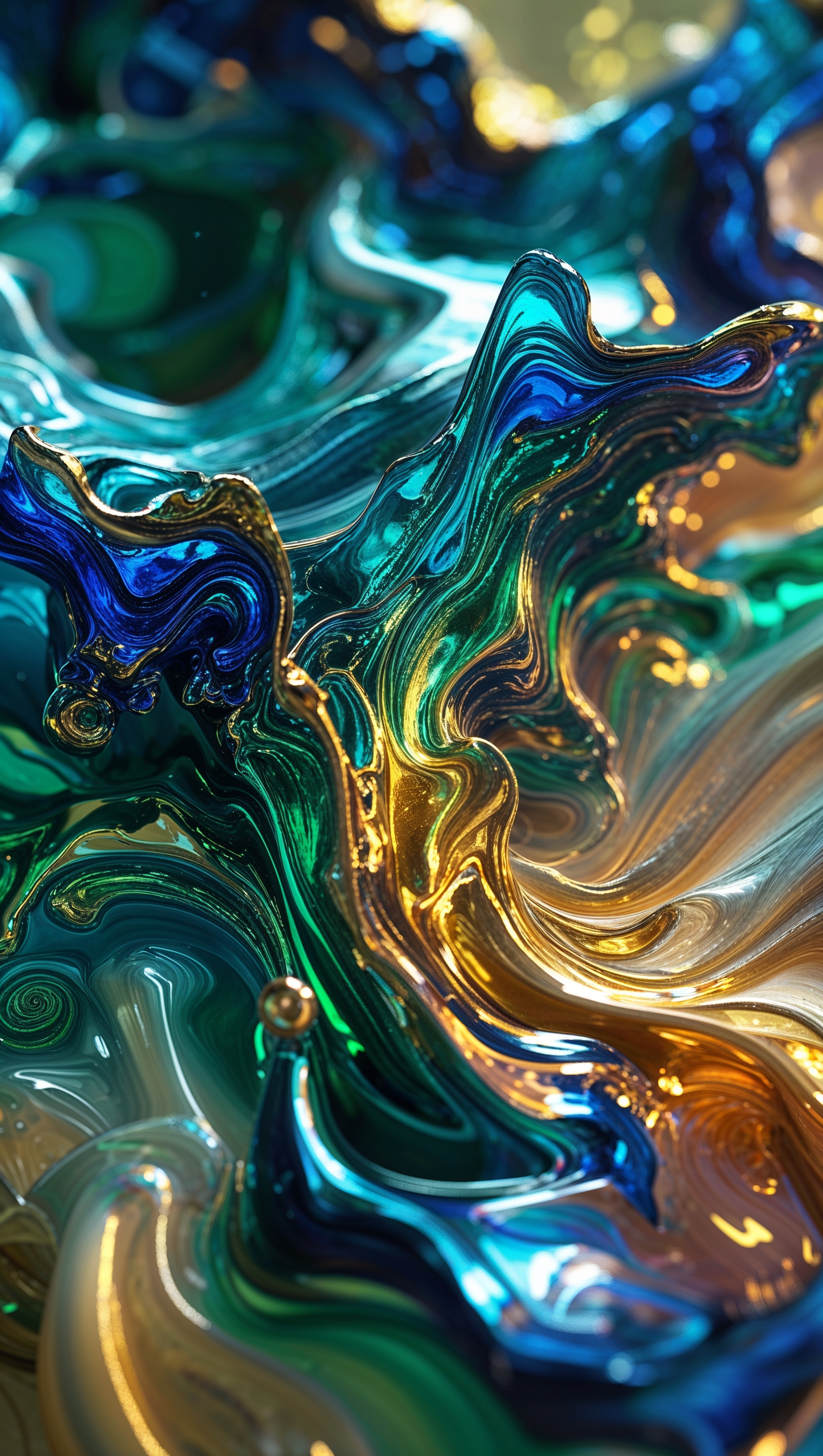 Liquid abstract forms with oil-paint texture and reflective details