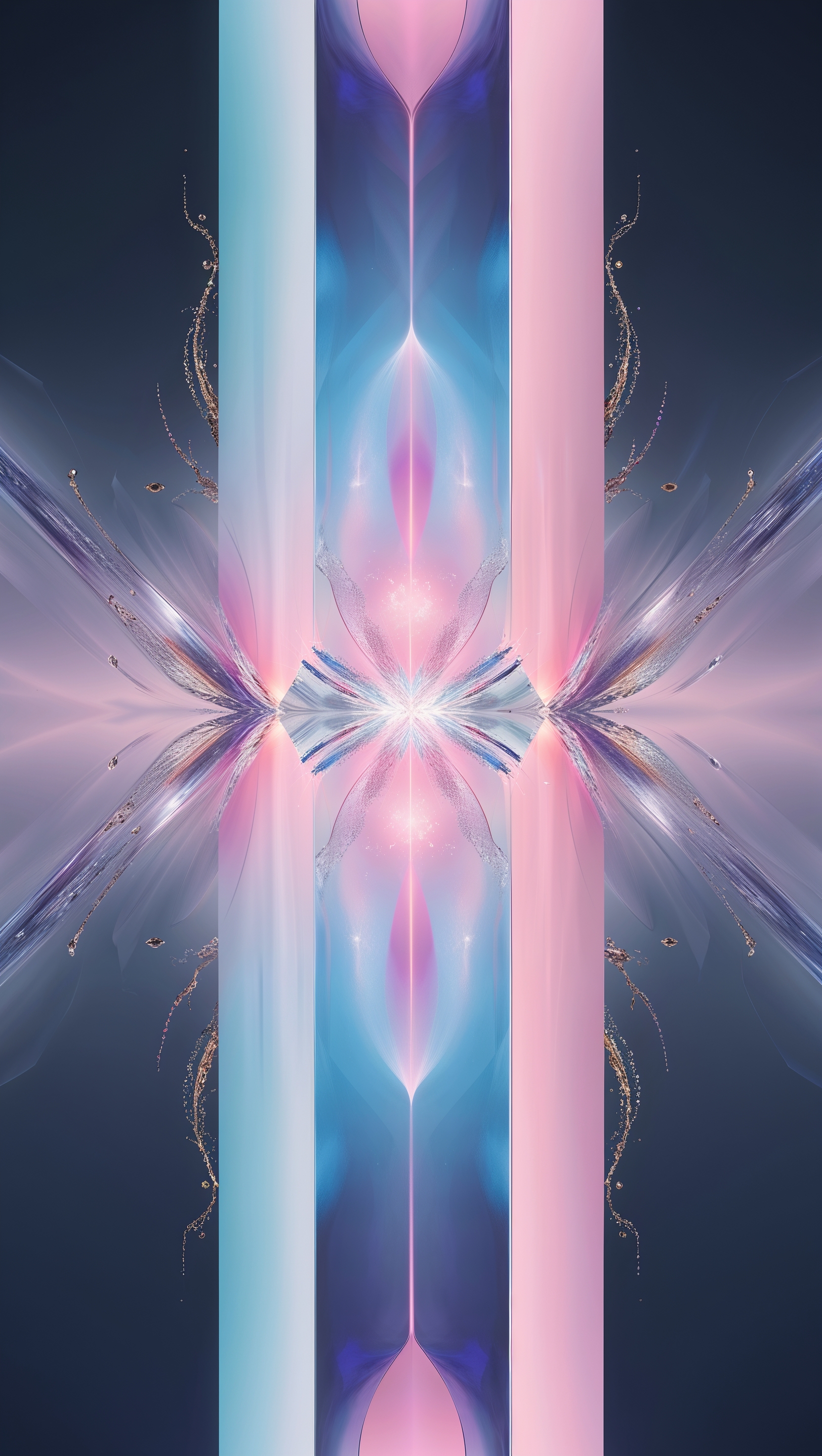 Vertical symmetrical abstract art with mirrored elements and soft neon tones