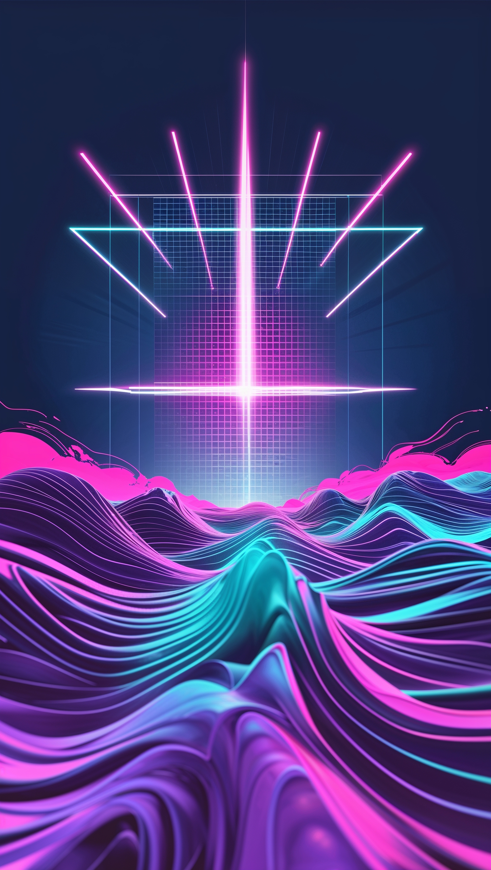 Retro-futuristic abstract design with glowing grid and geometric waves