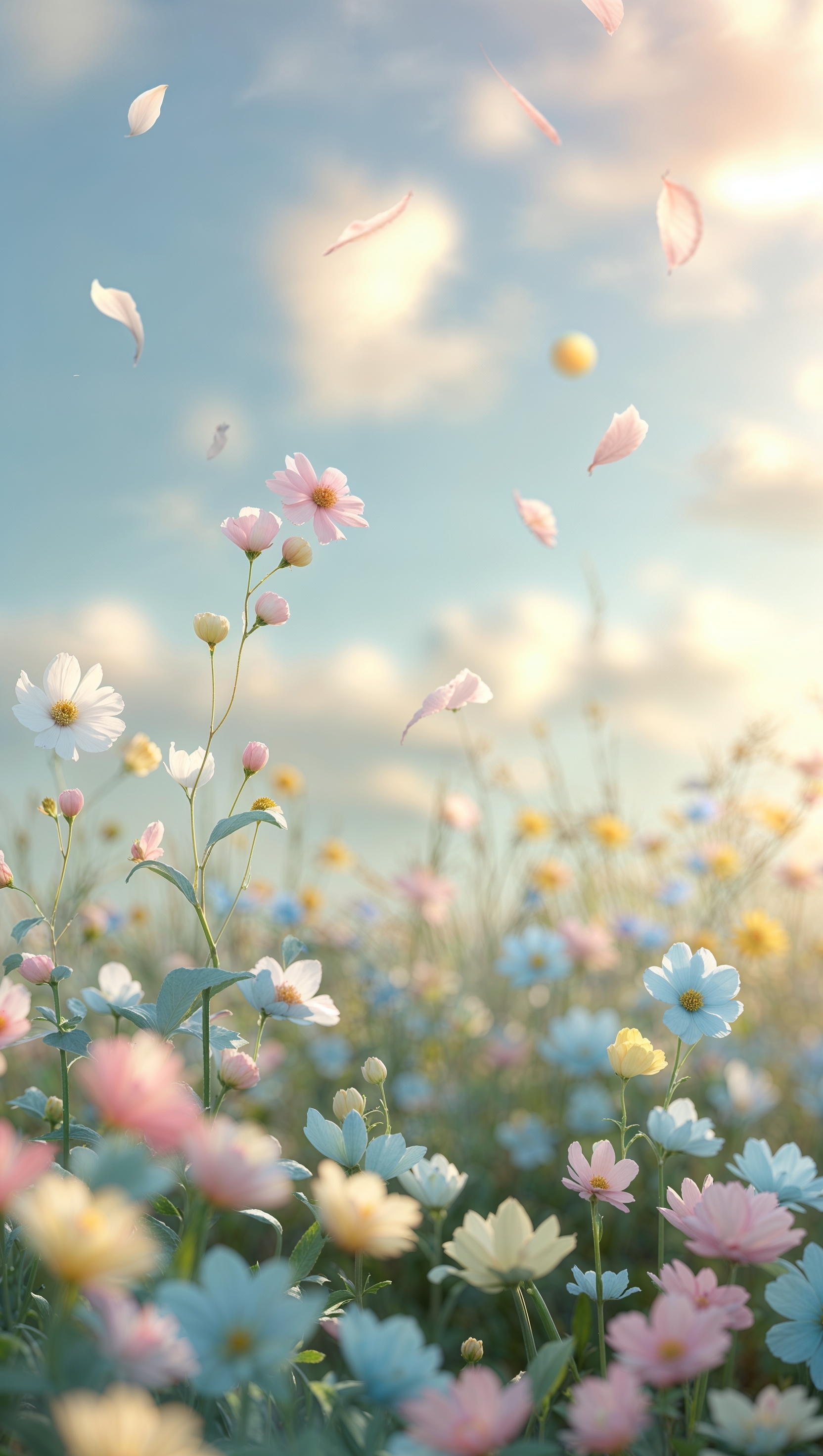 Delicate pastel flower field with soft sunlight, vertical iPhone wallpaper