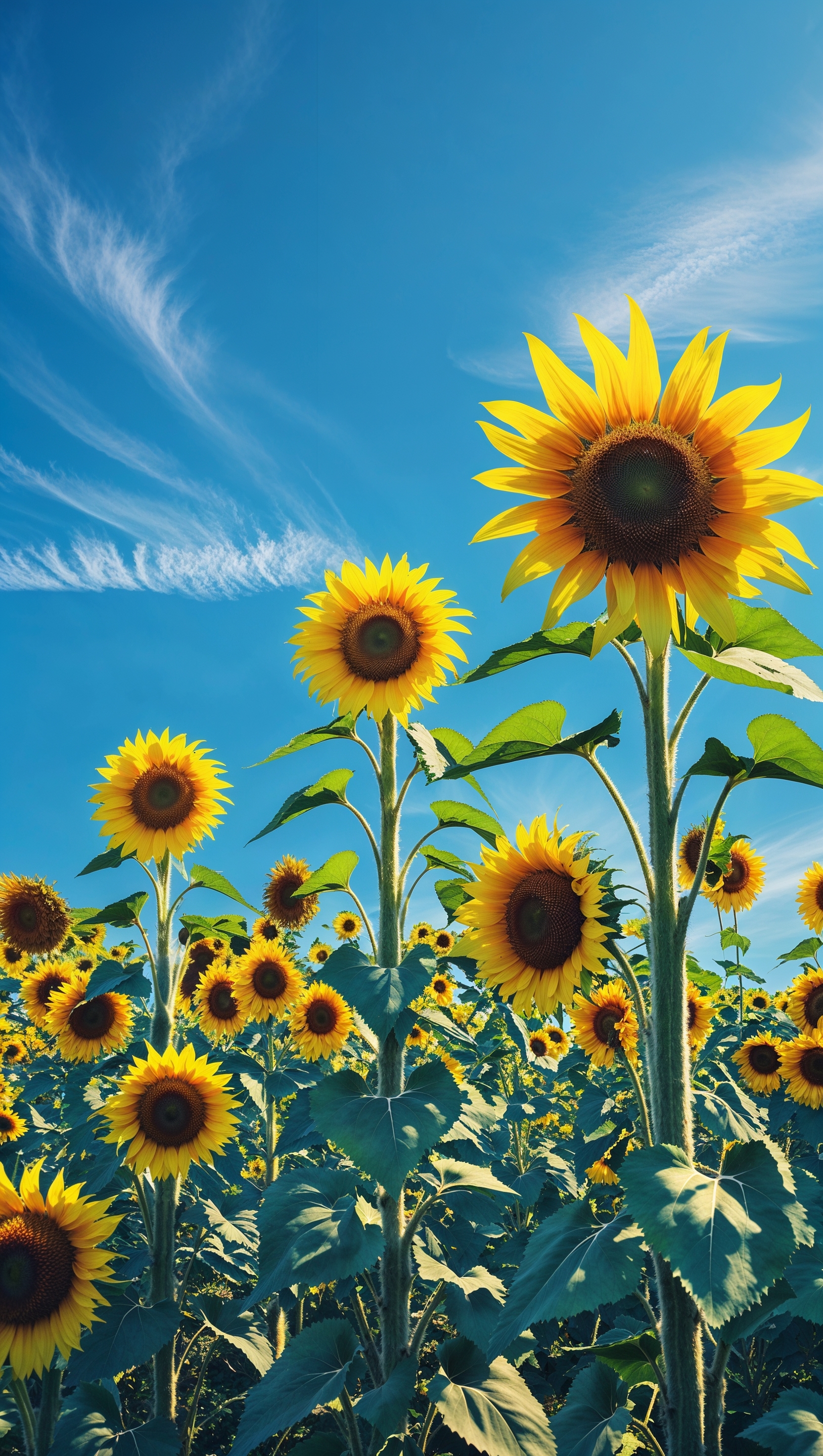 Vibrant sunflowers with bright blue sky background, joyful and energetic