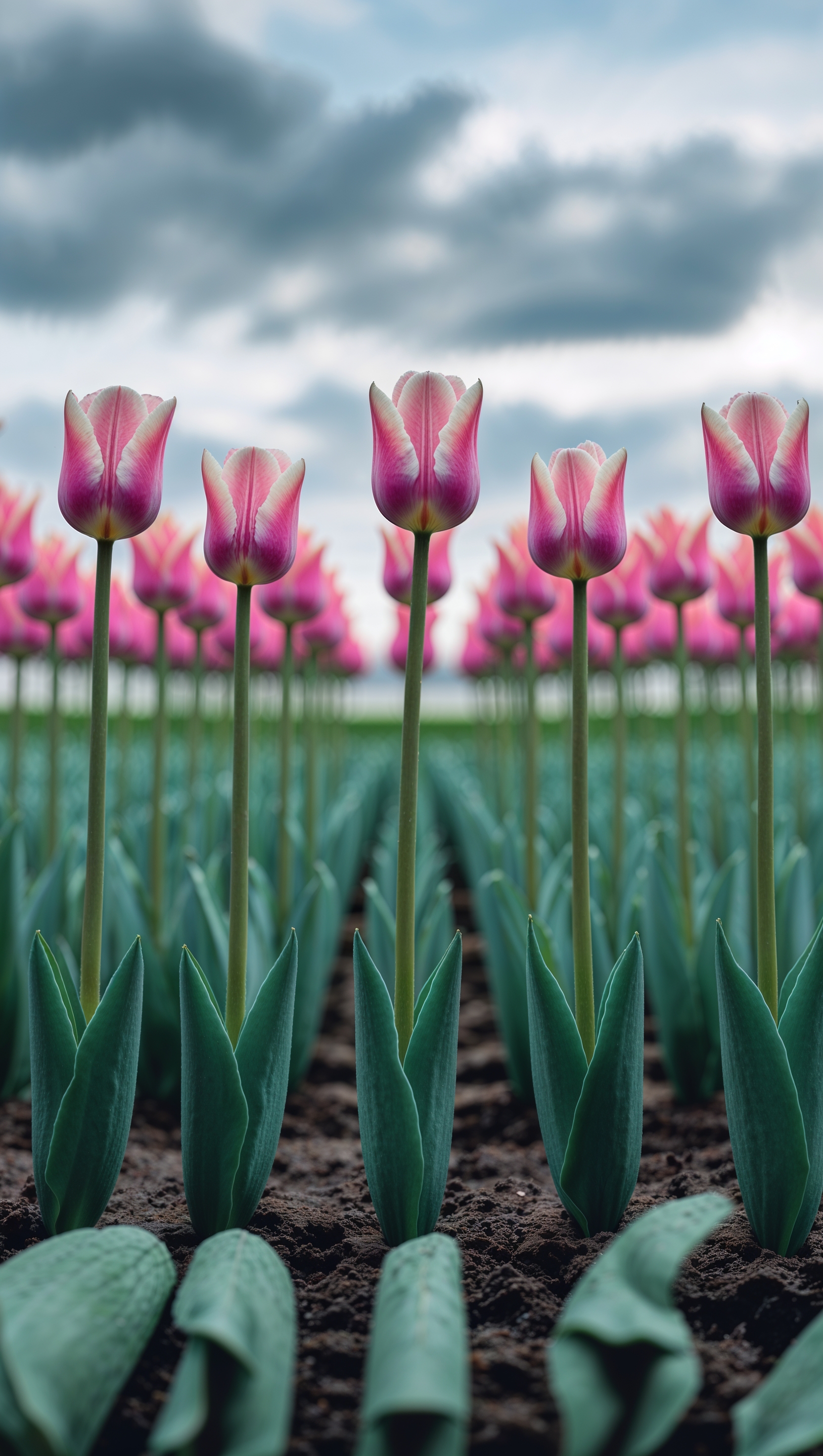 Pink tulips in rows under a cloudy sky, calm and vertical iPhone shot