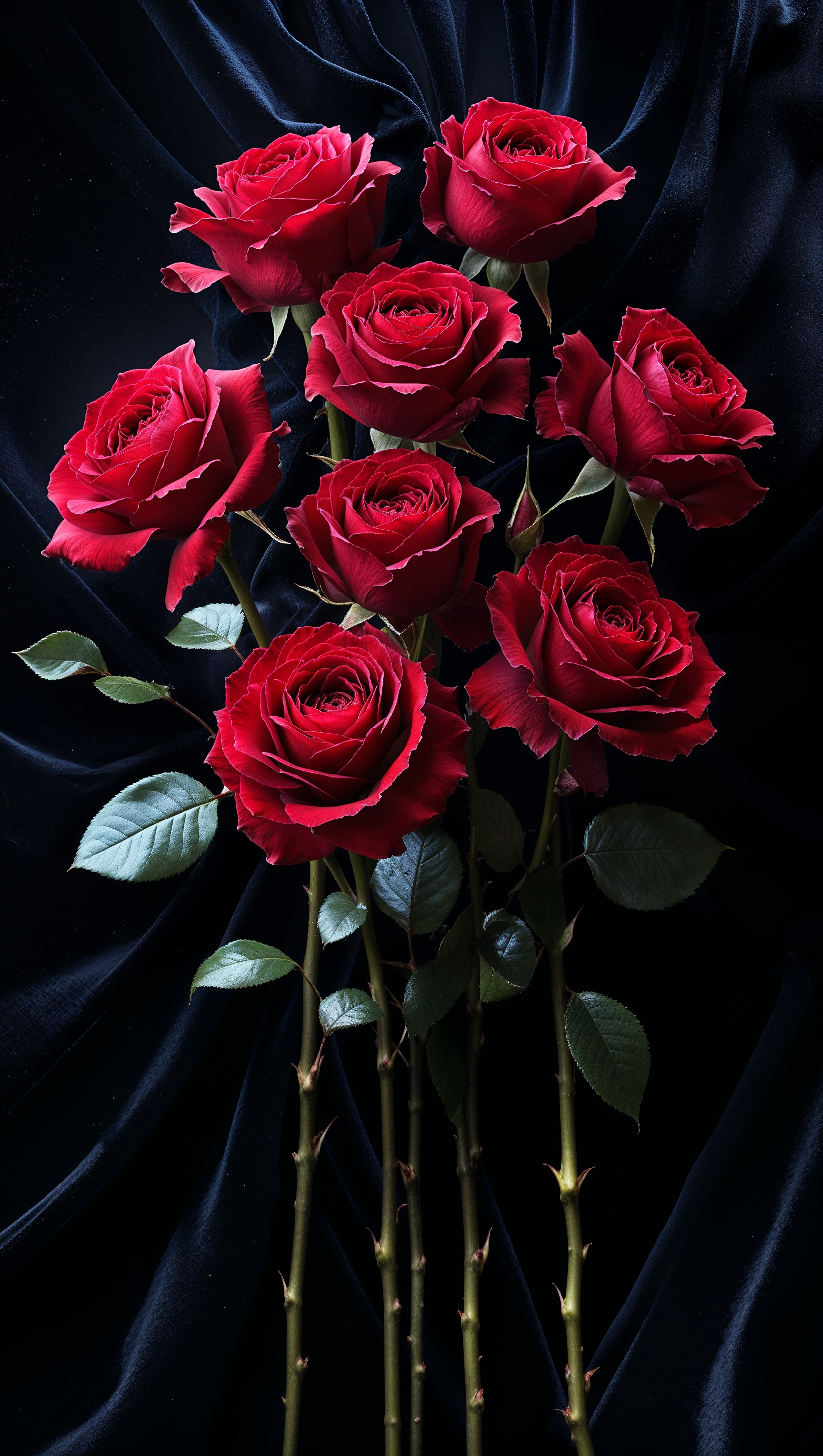 Bold red roses with black background, luxurious and dramatic mood