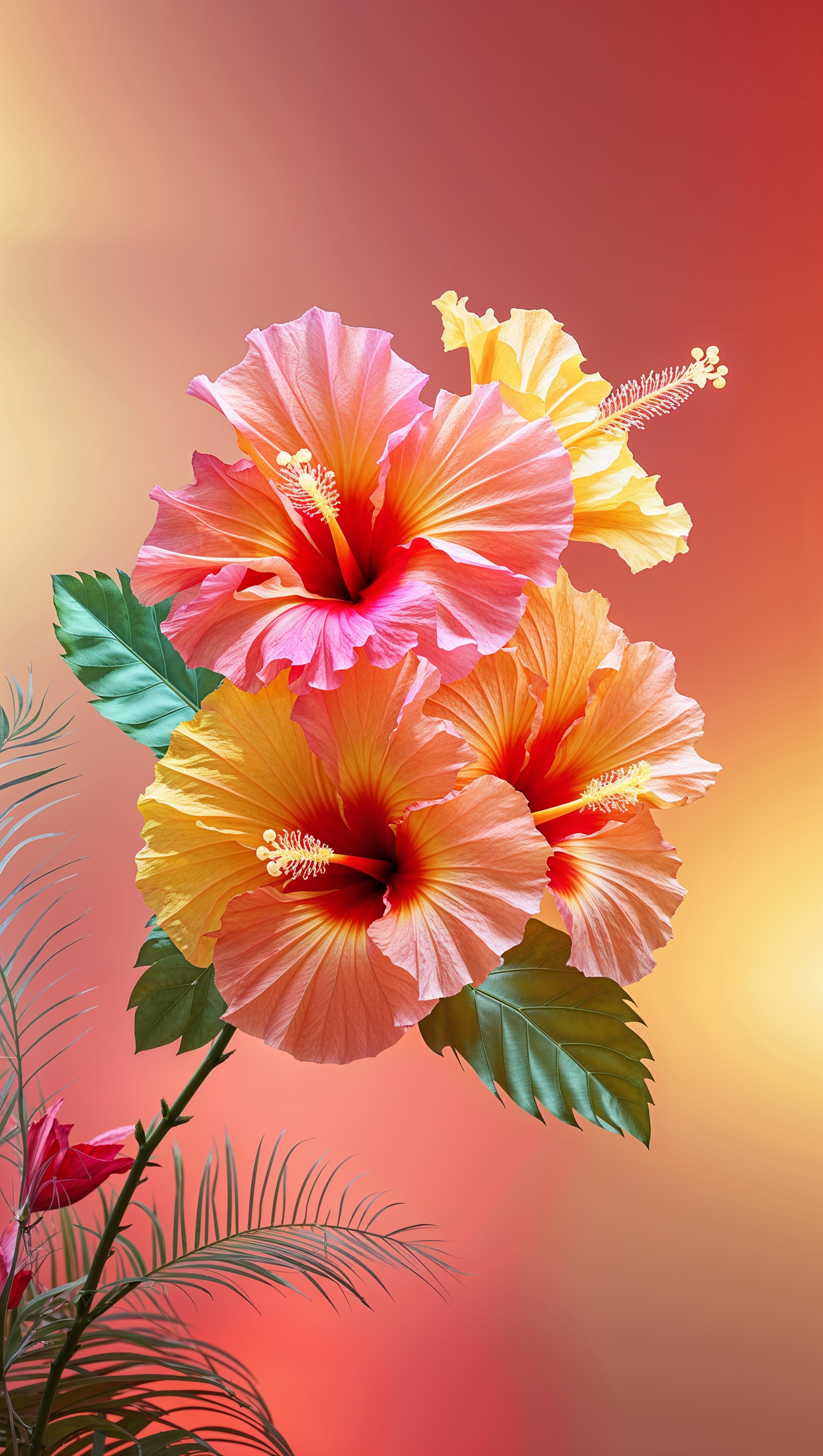 Tropical hibiscus flowers with glowing sunset tones