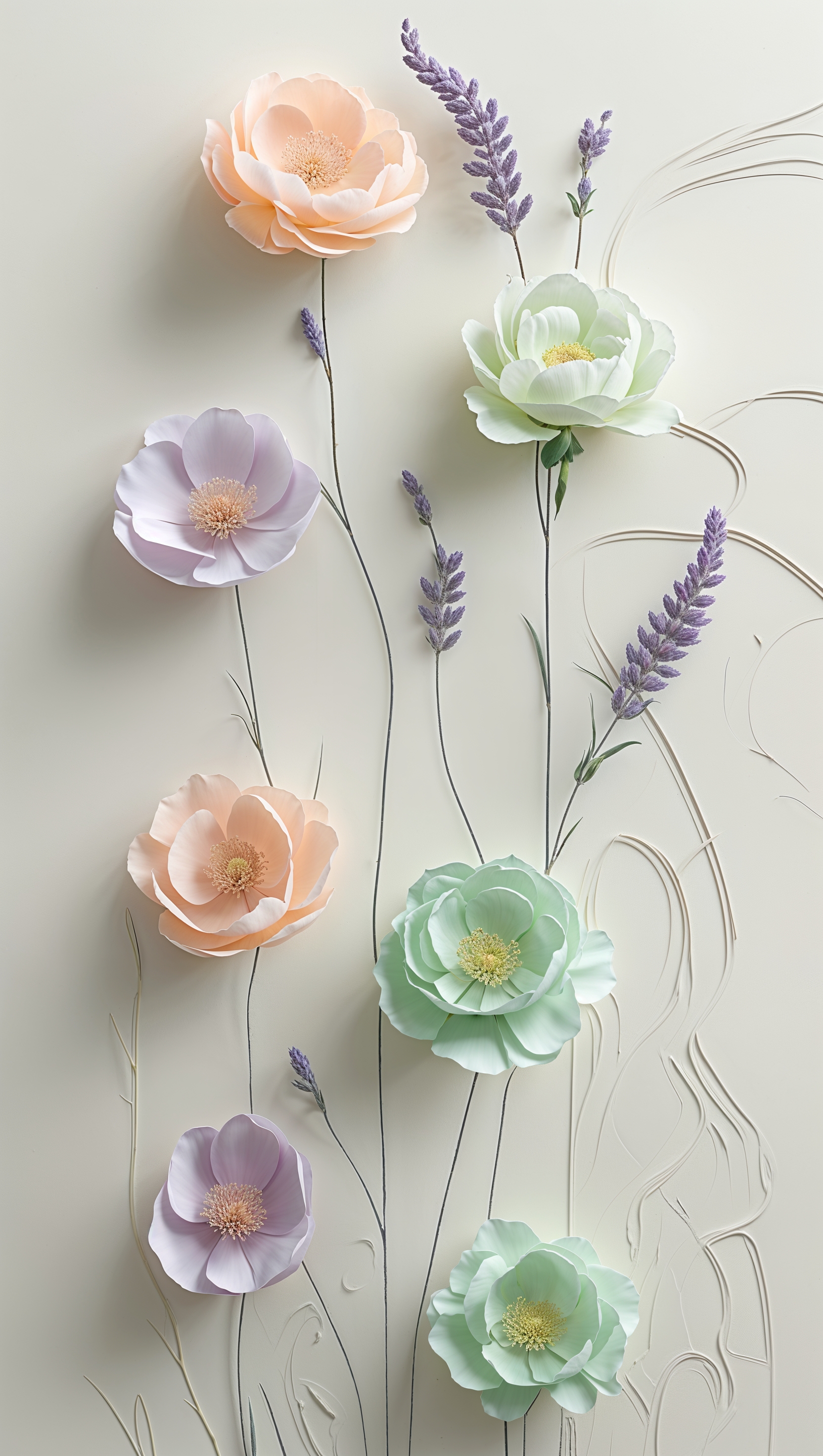 Glass-like translucent flowers on dark glossy surface