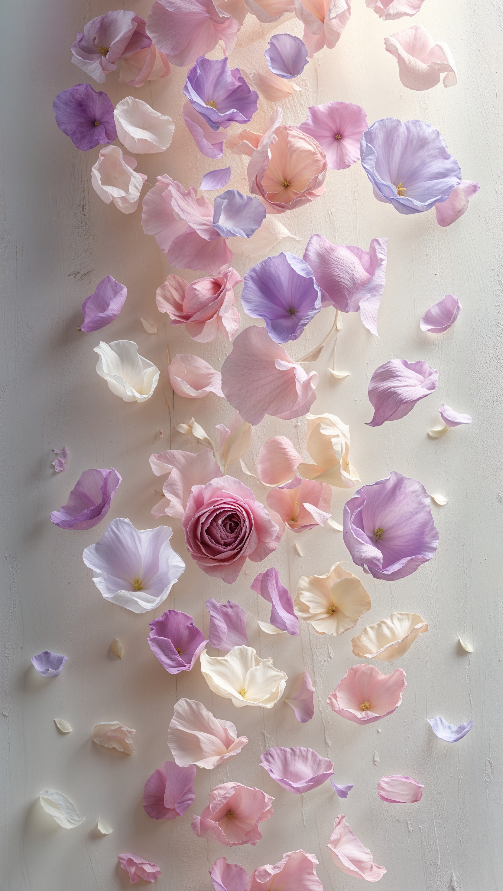 Vertical composition of falling petals in slow motion over light background